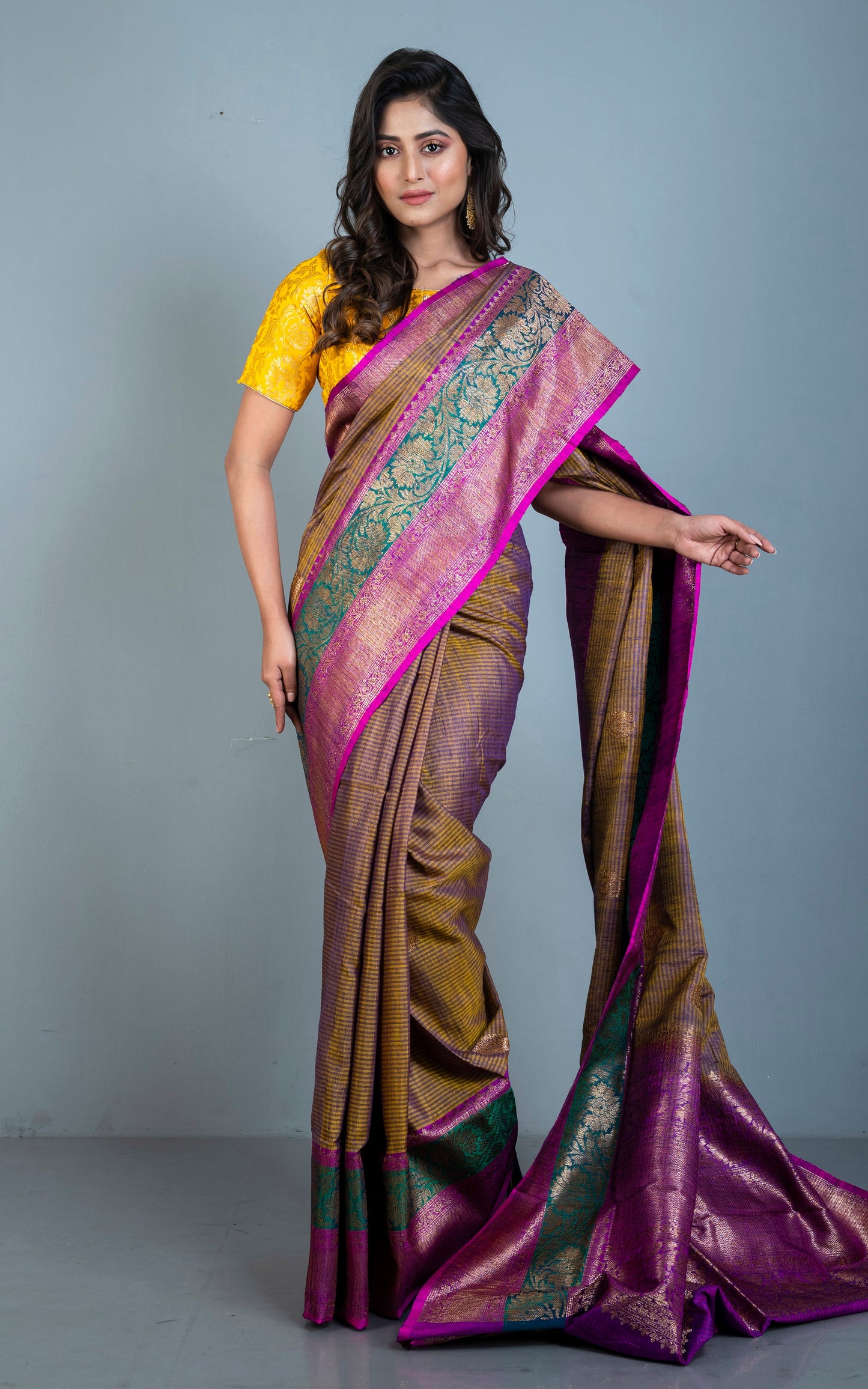 Minakari Border Dupion Tussar Banarasi Saree in Cross Tone of Purple and Yellow with Hot Pink and Rama Green