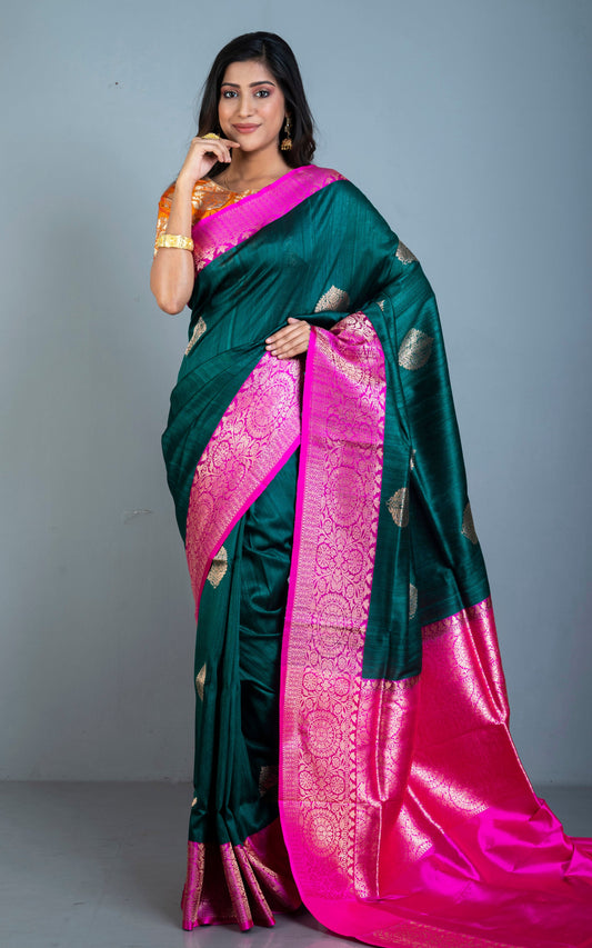 Premium Tussar Banarasi Silk Saree in Exotic Dark Green and Hot Pink