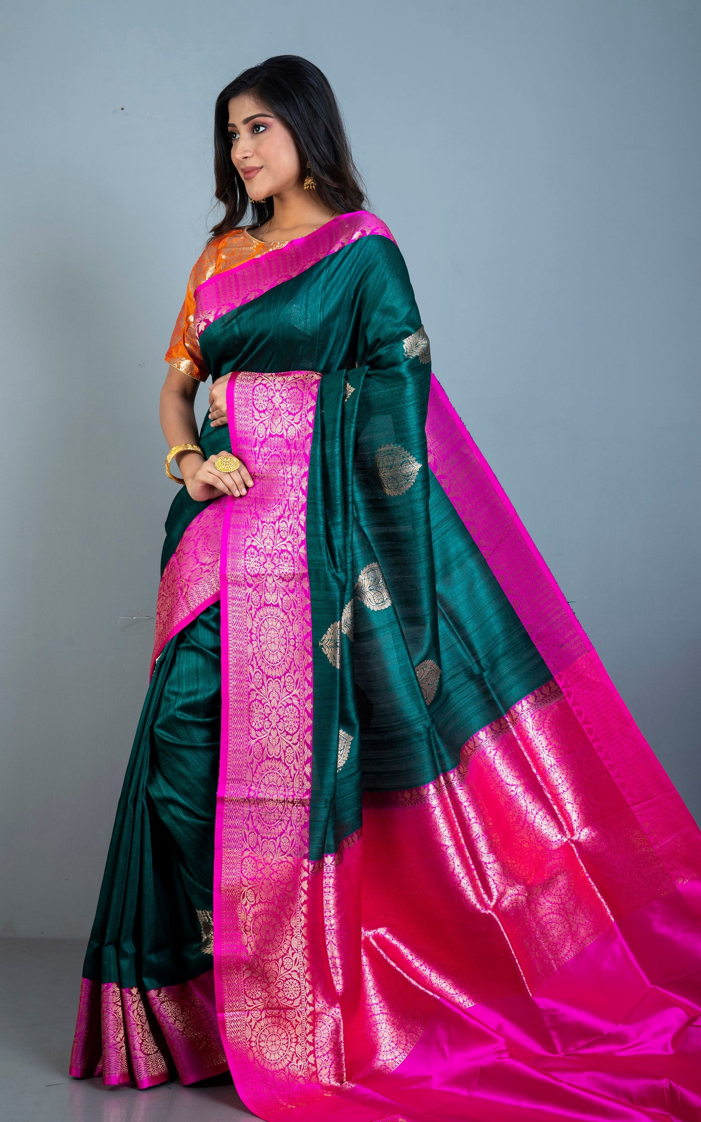 Premium Tussar Banarasi Silk Saree in Exotic Dark Green and Hot Pink