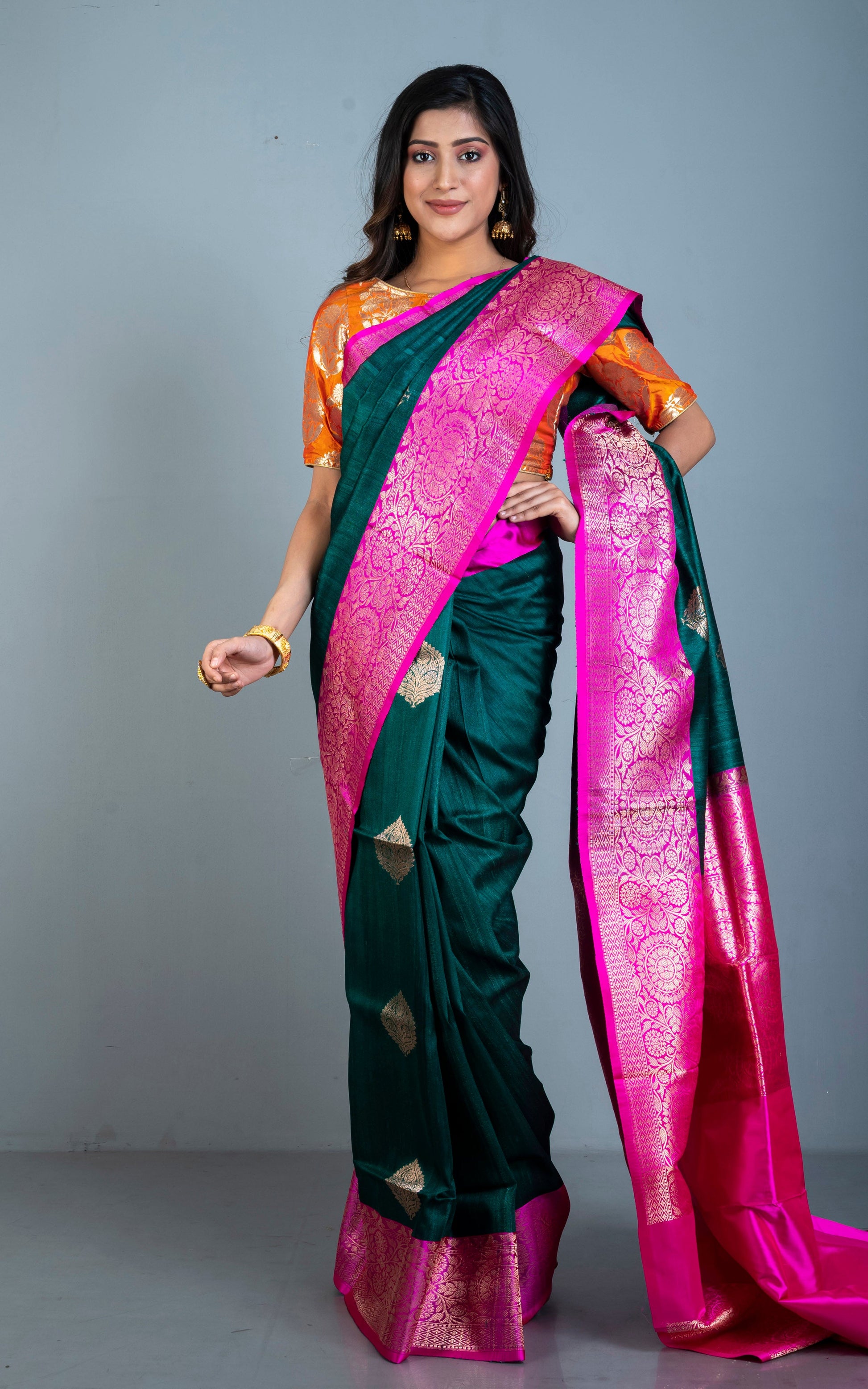 Premium Tussar Banarasi Silk Saree in Exotic Dark Green and Hot Pink