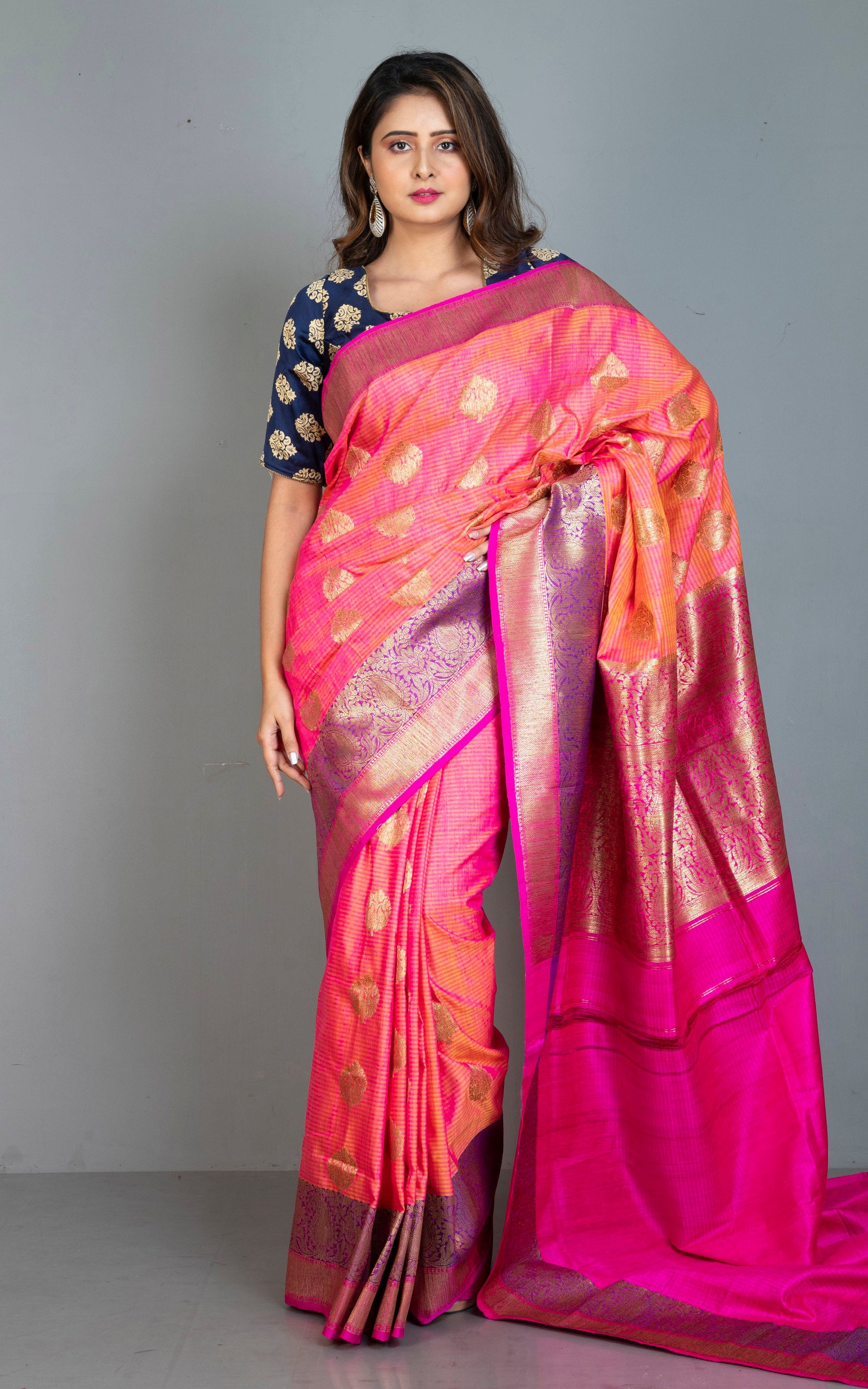 Minakari Border Dupion Tussar Banarasi Saree in Peach, Hot Pink and Purple