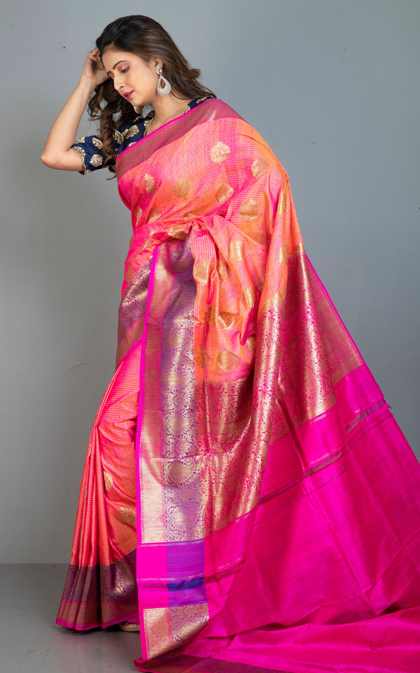 Minakari Border Dupion Tussar Banarasi Saree in Peach, Hot Pink and Purple