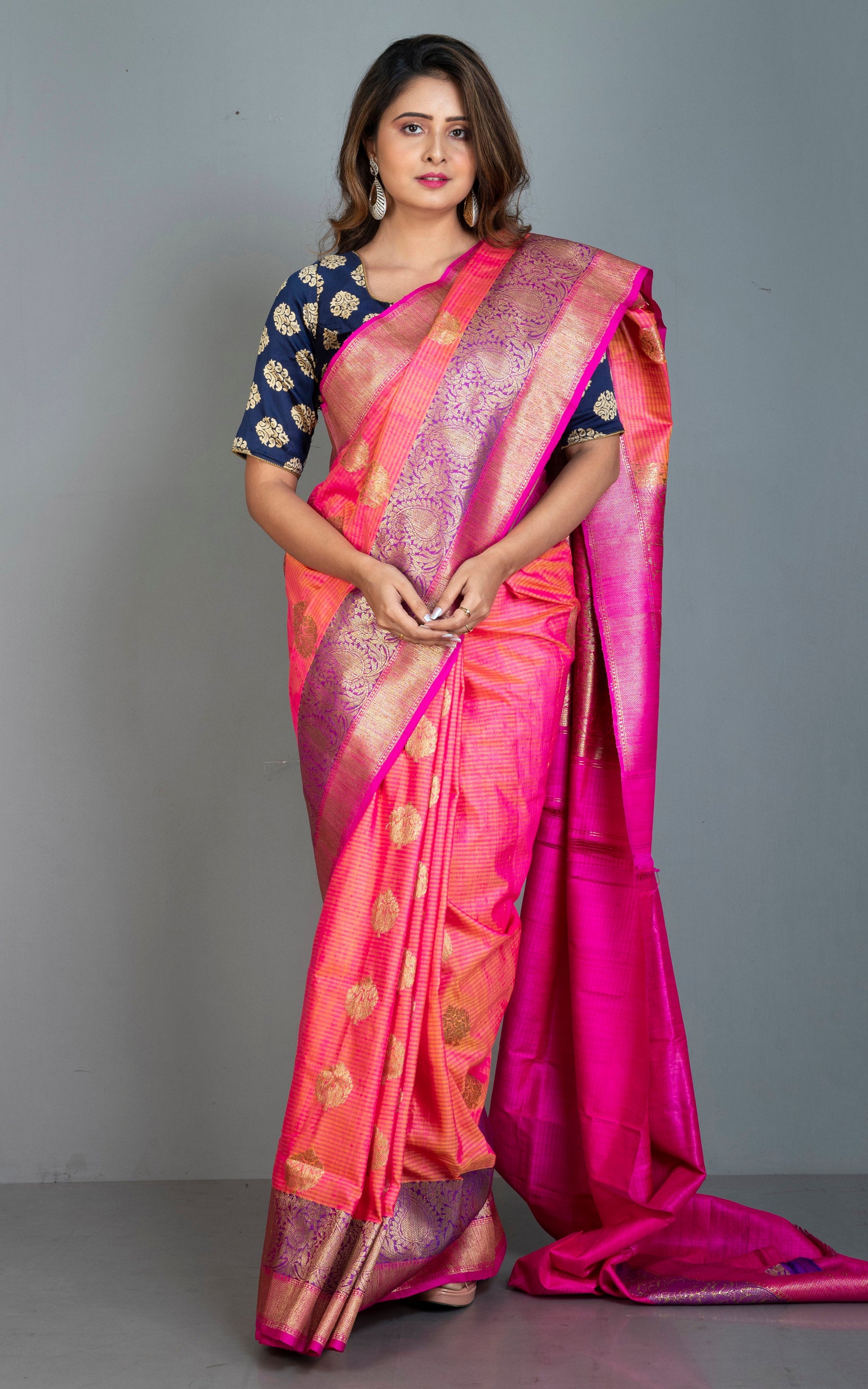 Minakari Border Dupion Tussar Banarasi Saree in Peach, Hot Pink and Purple