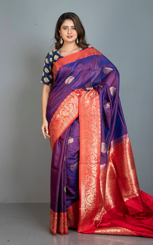 Premium Tussar Banarasi Silk Saree in Purple and Bright Red