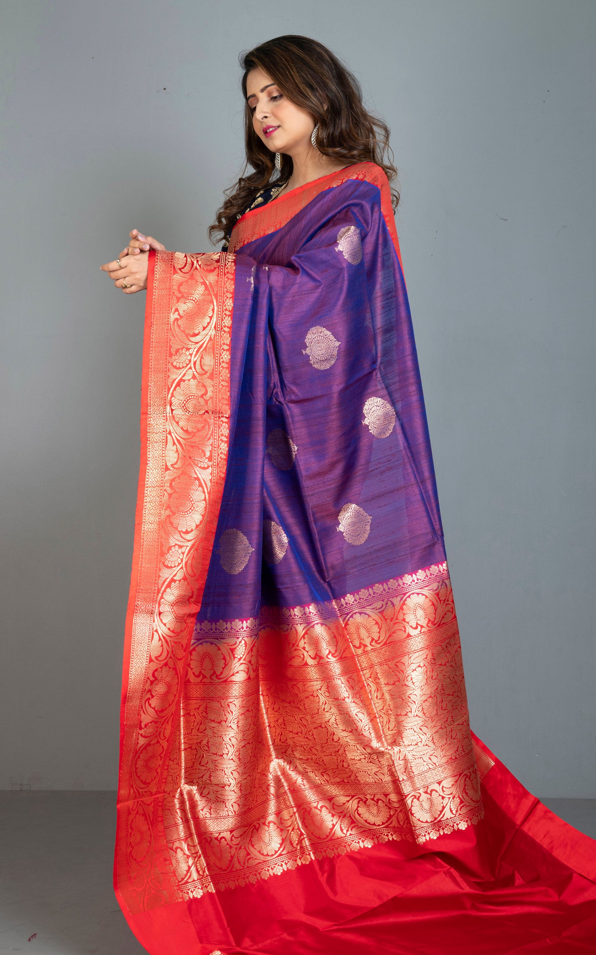 Premium Tussar Banarasi Silk Saree in Purple and Bright Red