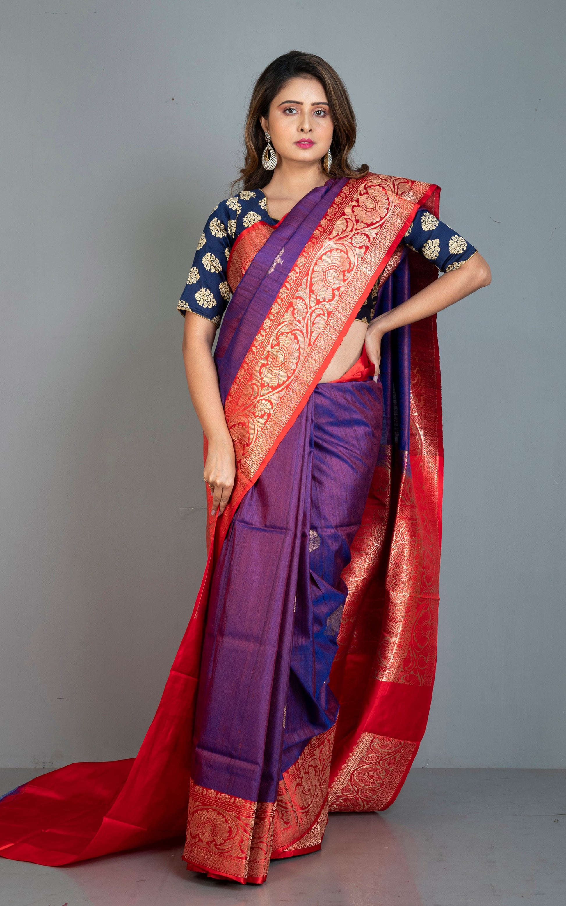 Premium Tussar Banarasi Silk Saree in Purple and Bright Red