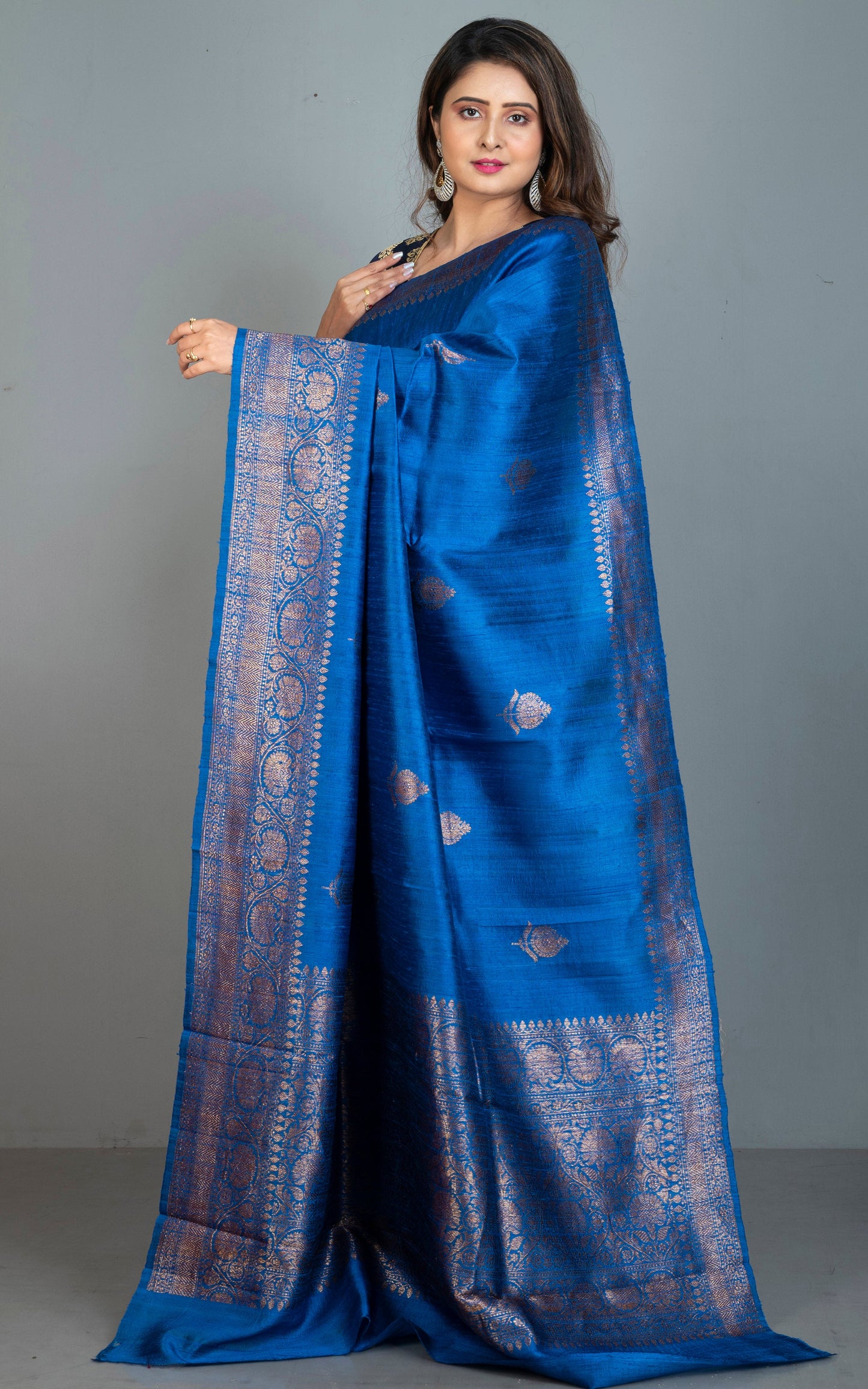 Handwoven Dupion Tussar Raw Silk Saree in Royal Blue and Antique Golden