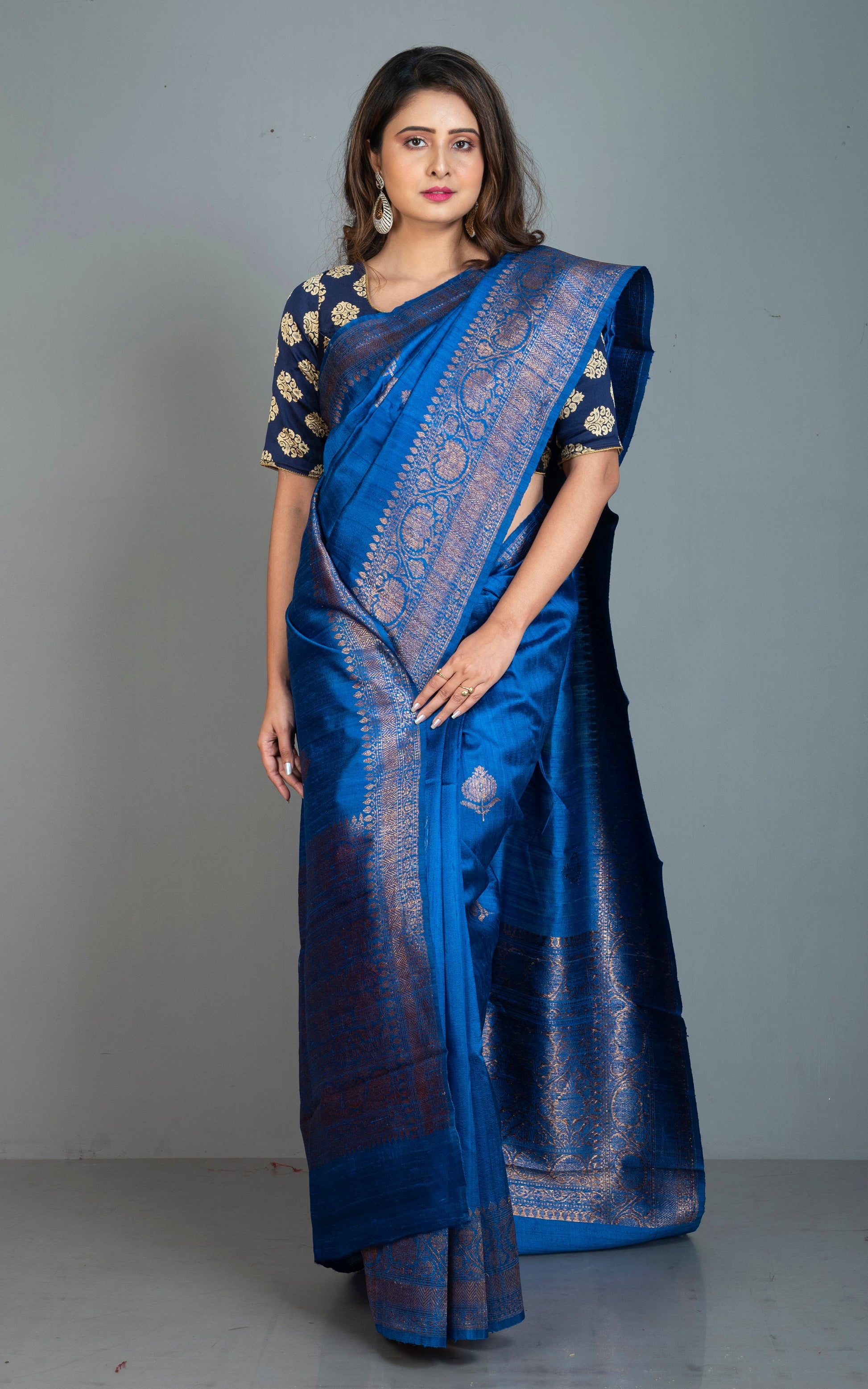 Handwoven Dupion Tussar Raw Silk Saree in Royal Blue and Antique Golden