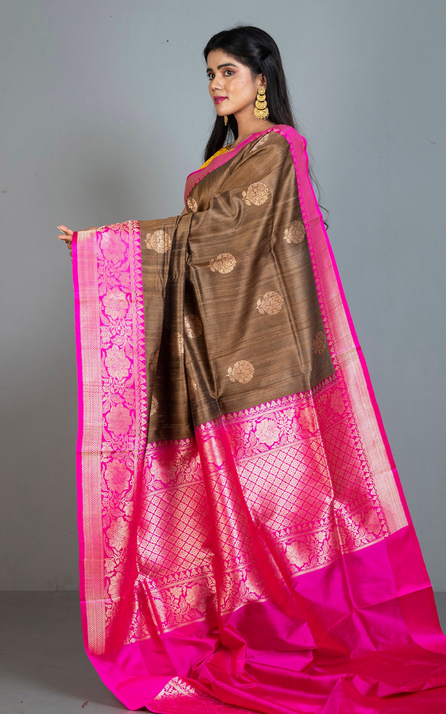 Premium Tussar Banarasi Silk Saree in French Beige and Hot Pink