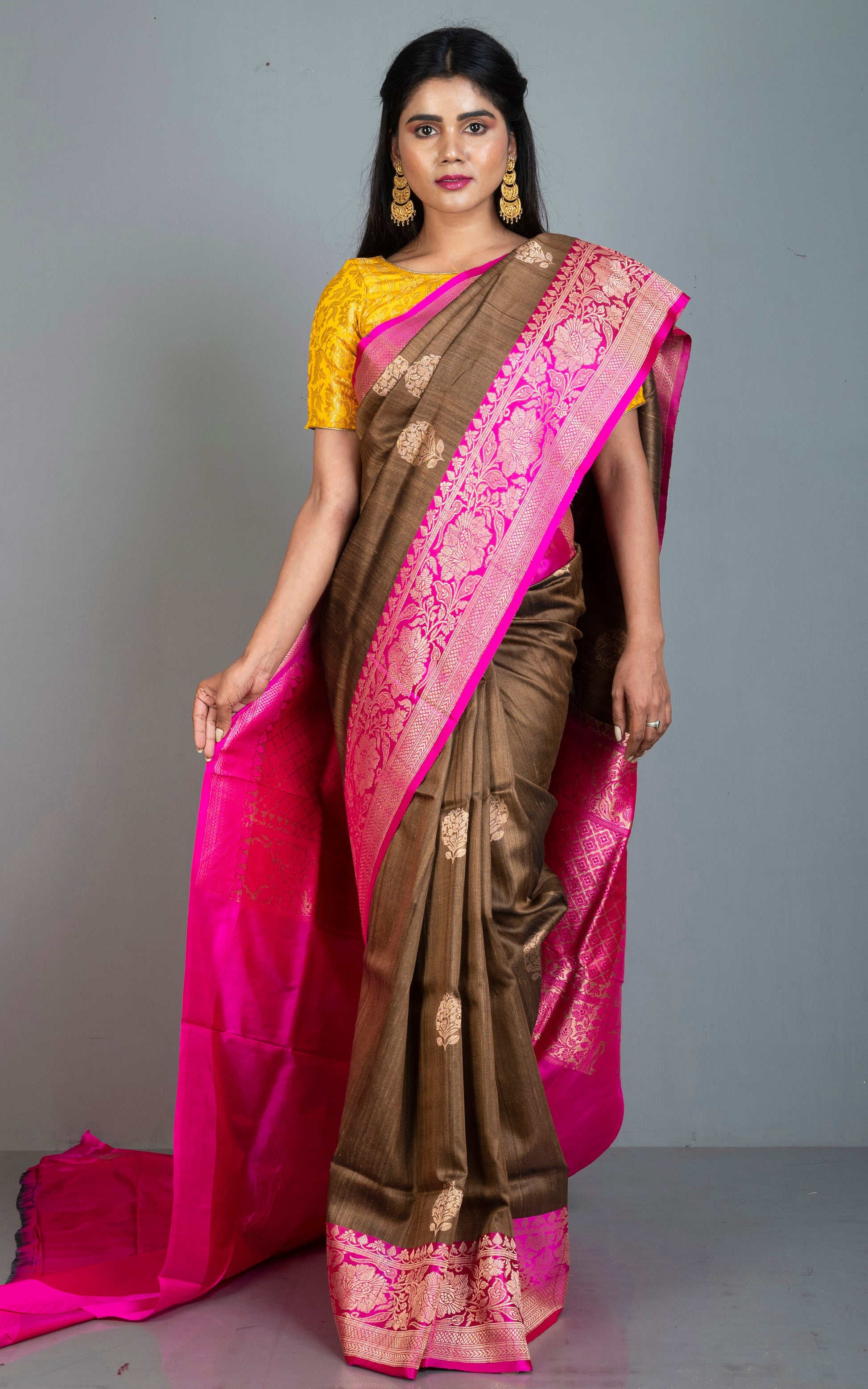 Premium Tussar Banarasi Silk Saree in French Beige and Hot Pink