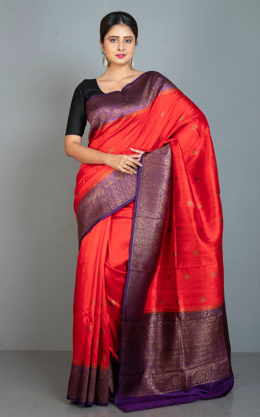 Handwoven Dupion Tussar Raw Silk Saree in Red, Dark Purple and Antique Golden