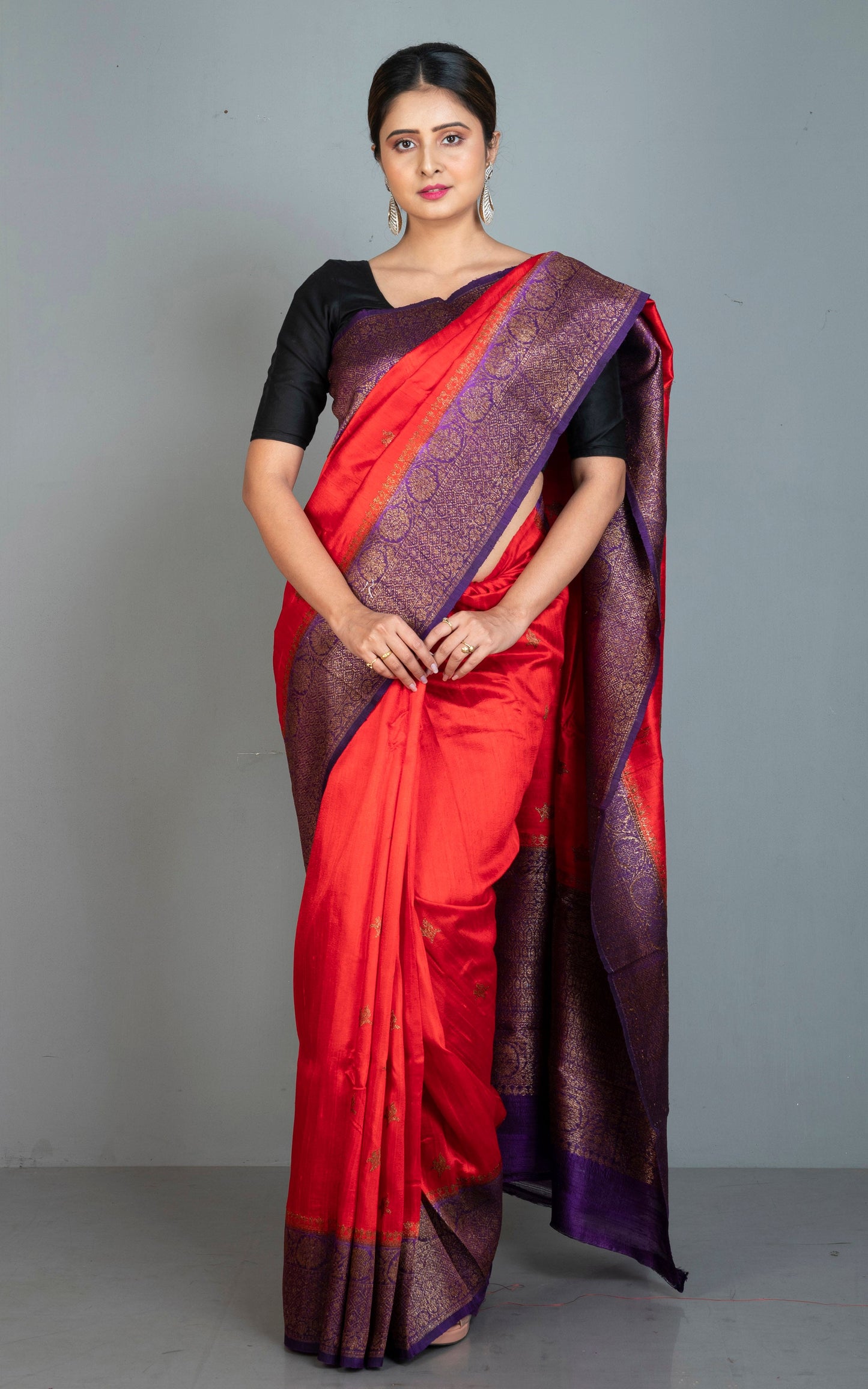 Handwoven Dupion Tussar Raw Silk Saree in Red, Dark Purple and Antique Golden