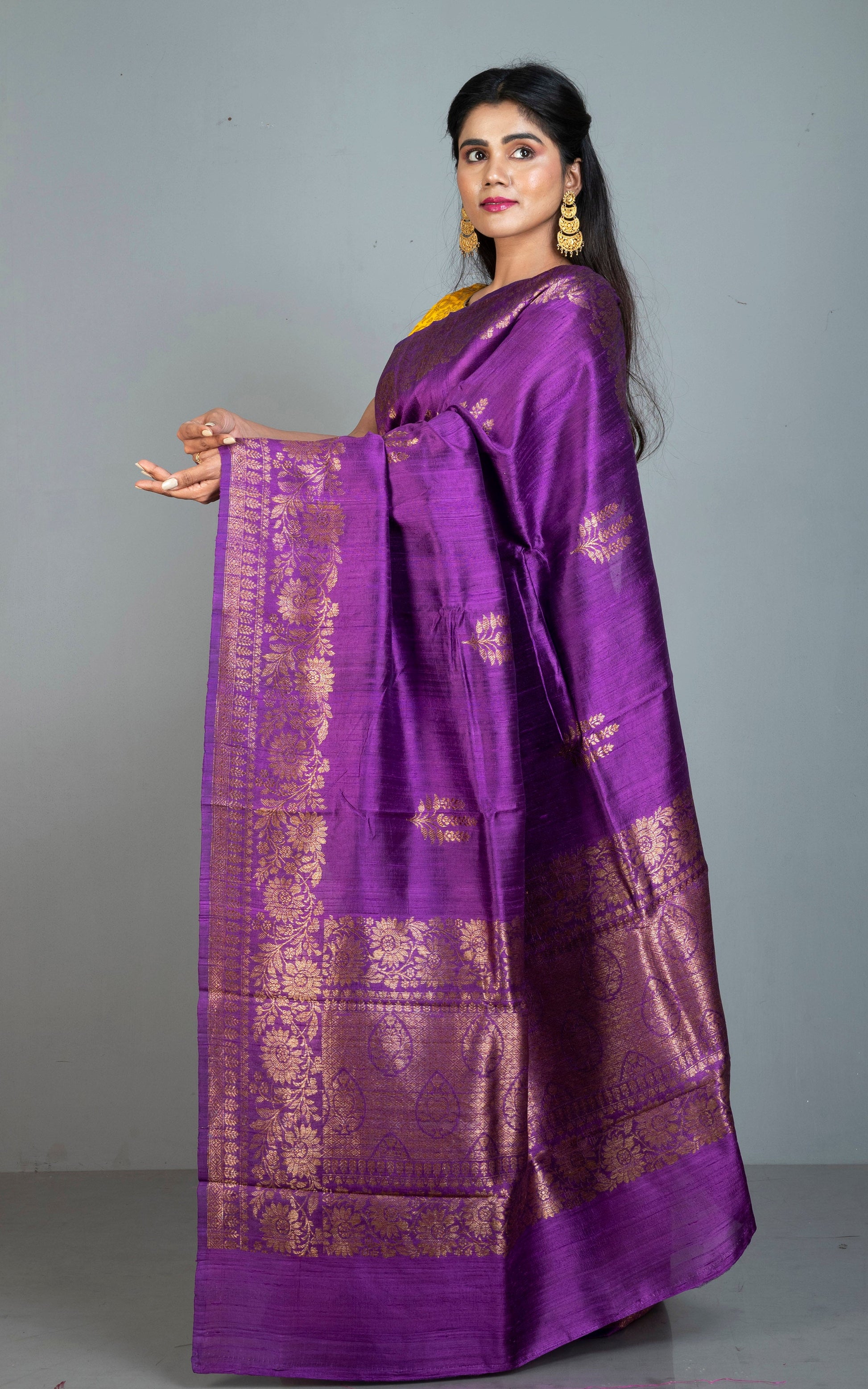 Handwoven Dupion Tussar Raw Silk Saree in Purple and Antique Golden