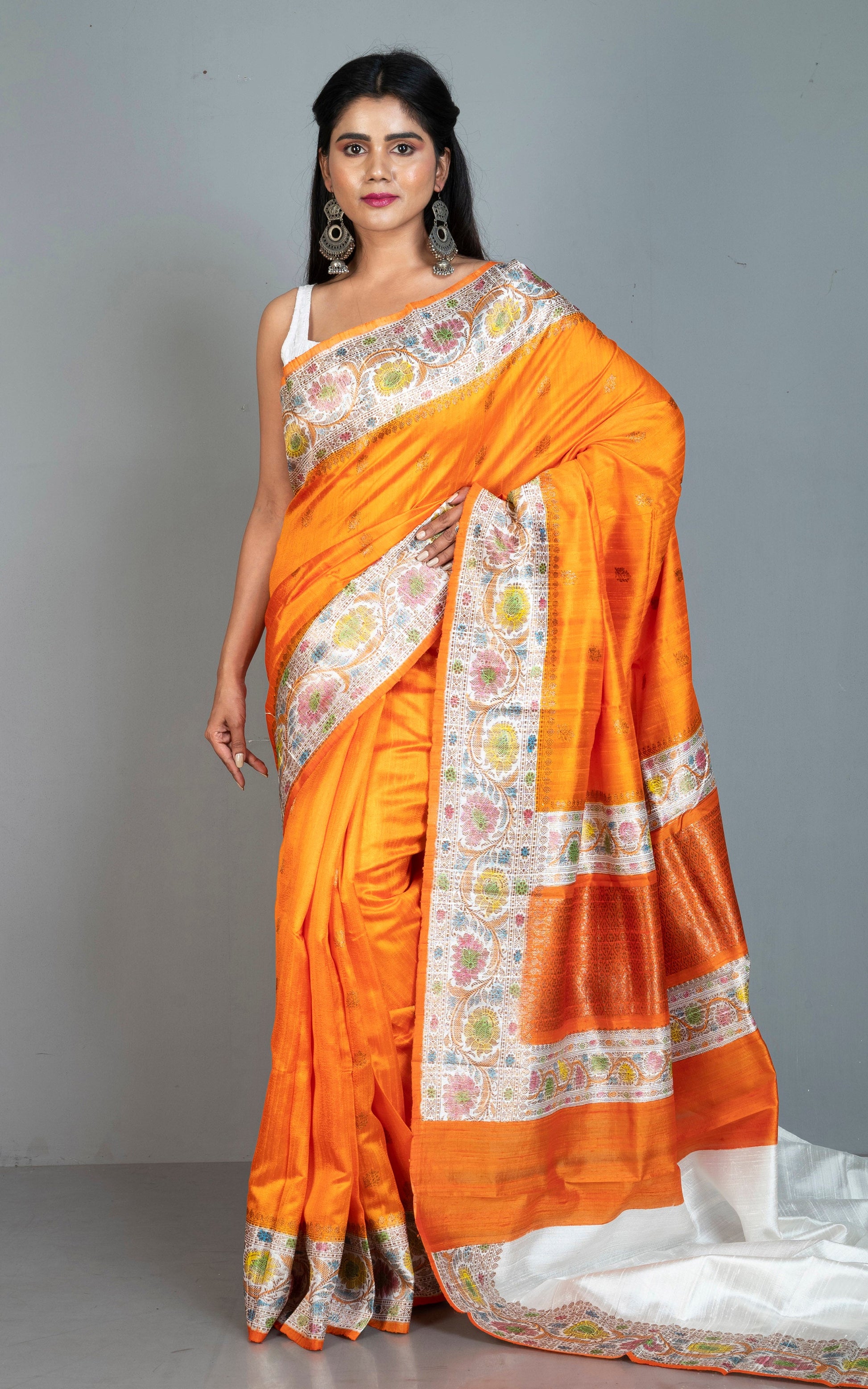 Handwoven Rangkart Dupion Tussar Raw Silk Saree in Orange, Off White, Multicolored and Antique Golden