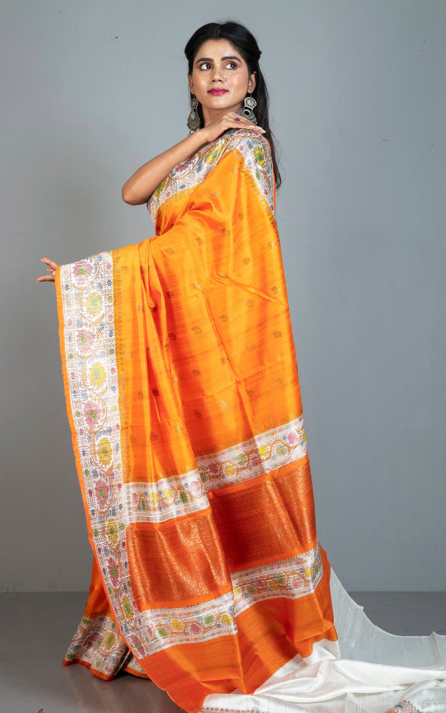 Handwoven Rangkart Dupion Tussar Raw Silk Saree in Orange, Off White, Multicolored and Antique Golden