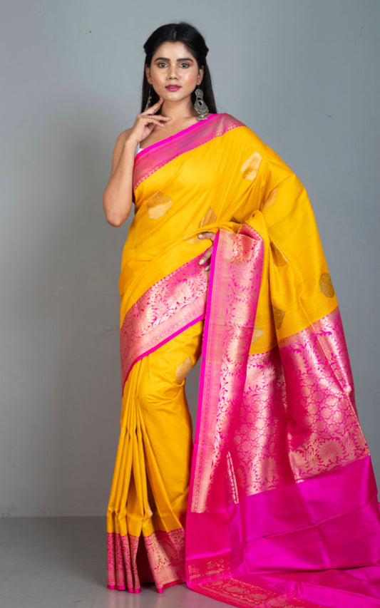 Premium Tussar Banarasi Silk Saree in Bright Yellow and Hot Pink