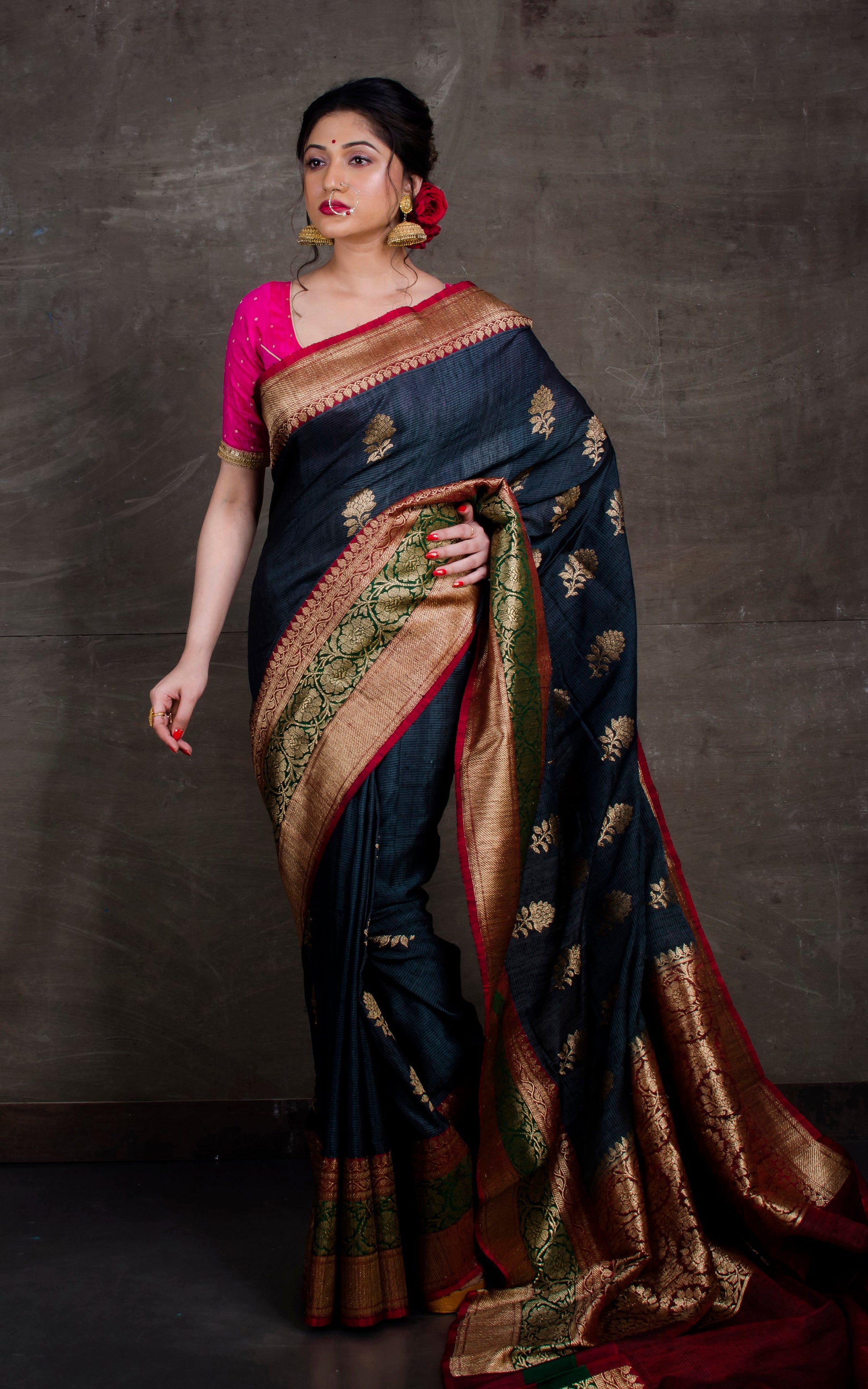 Meenakari Border Dupion Tussar Banarasi Saree in Black and Red