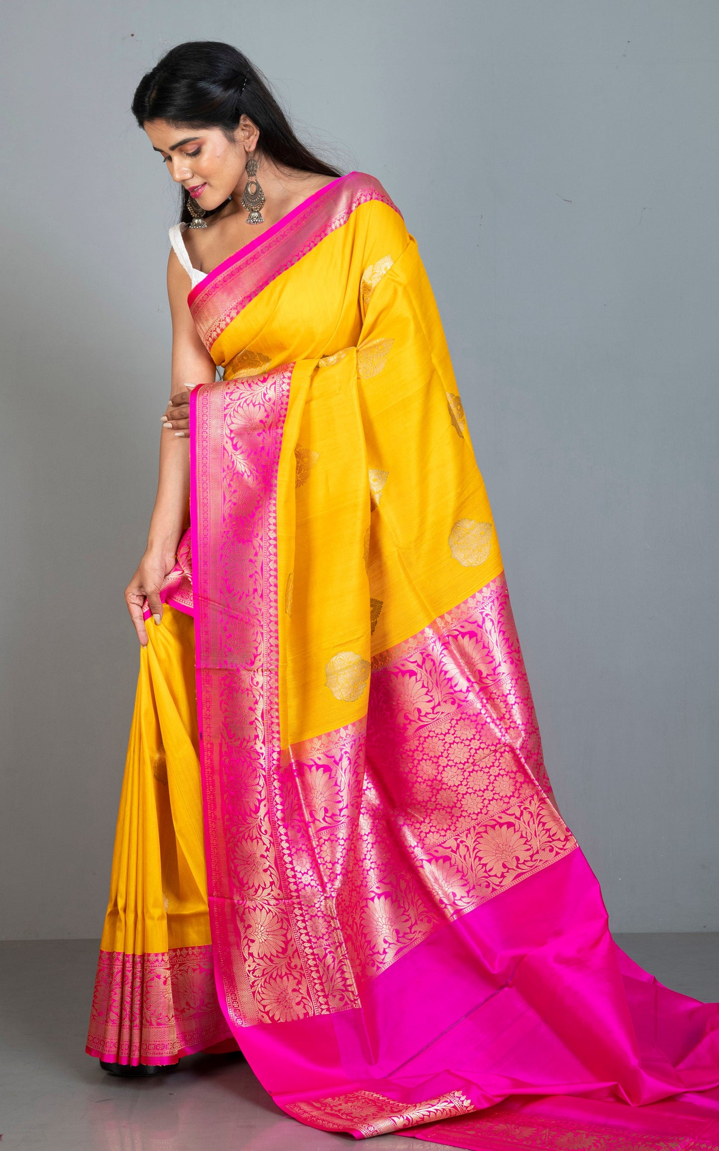 Premium Tussar Banarasi Silk Saree in Bright Yellow and Hot Pink