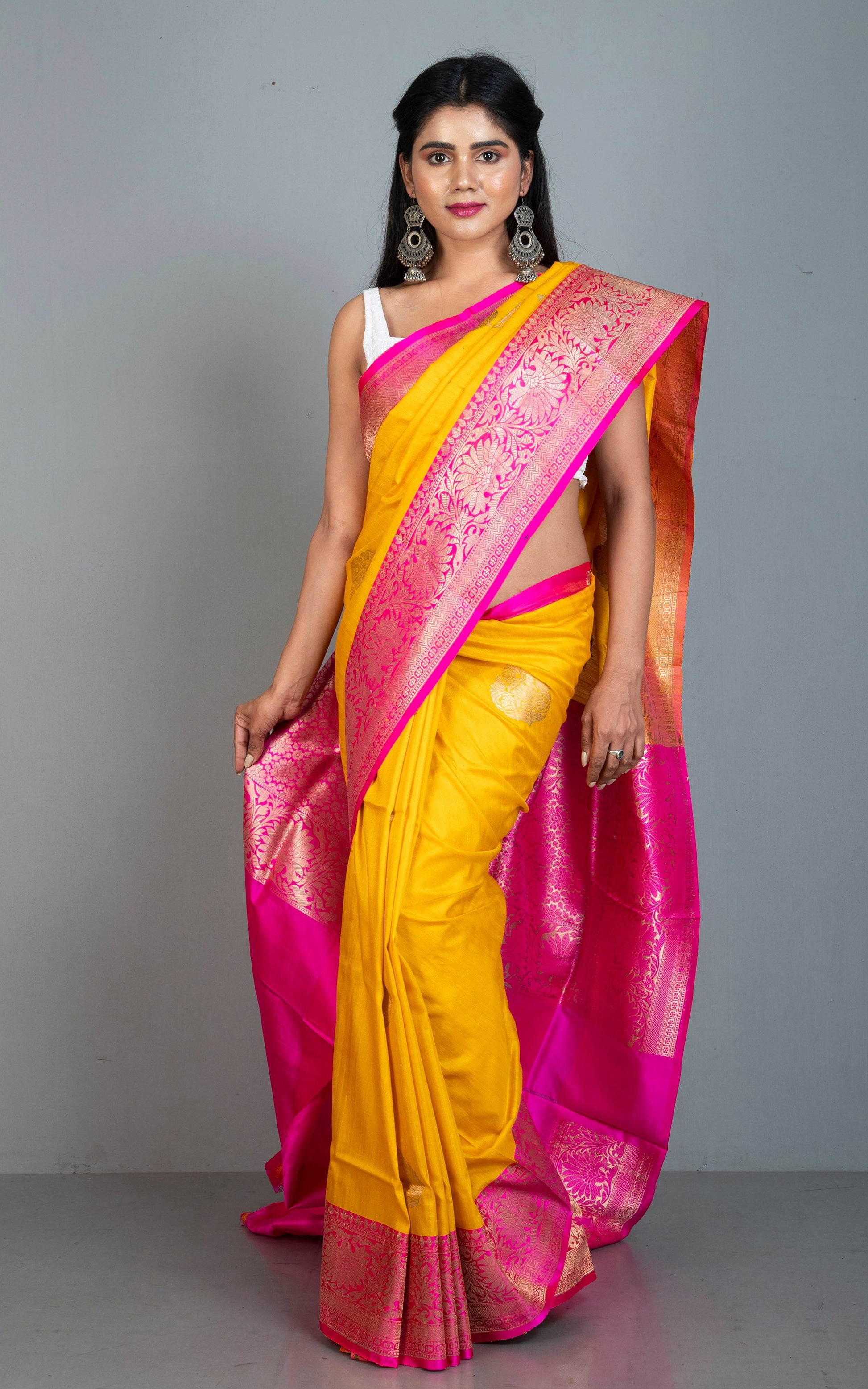 Premium Tussar Banarasi Silk Saree in Bright Yellow and Hot Pink