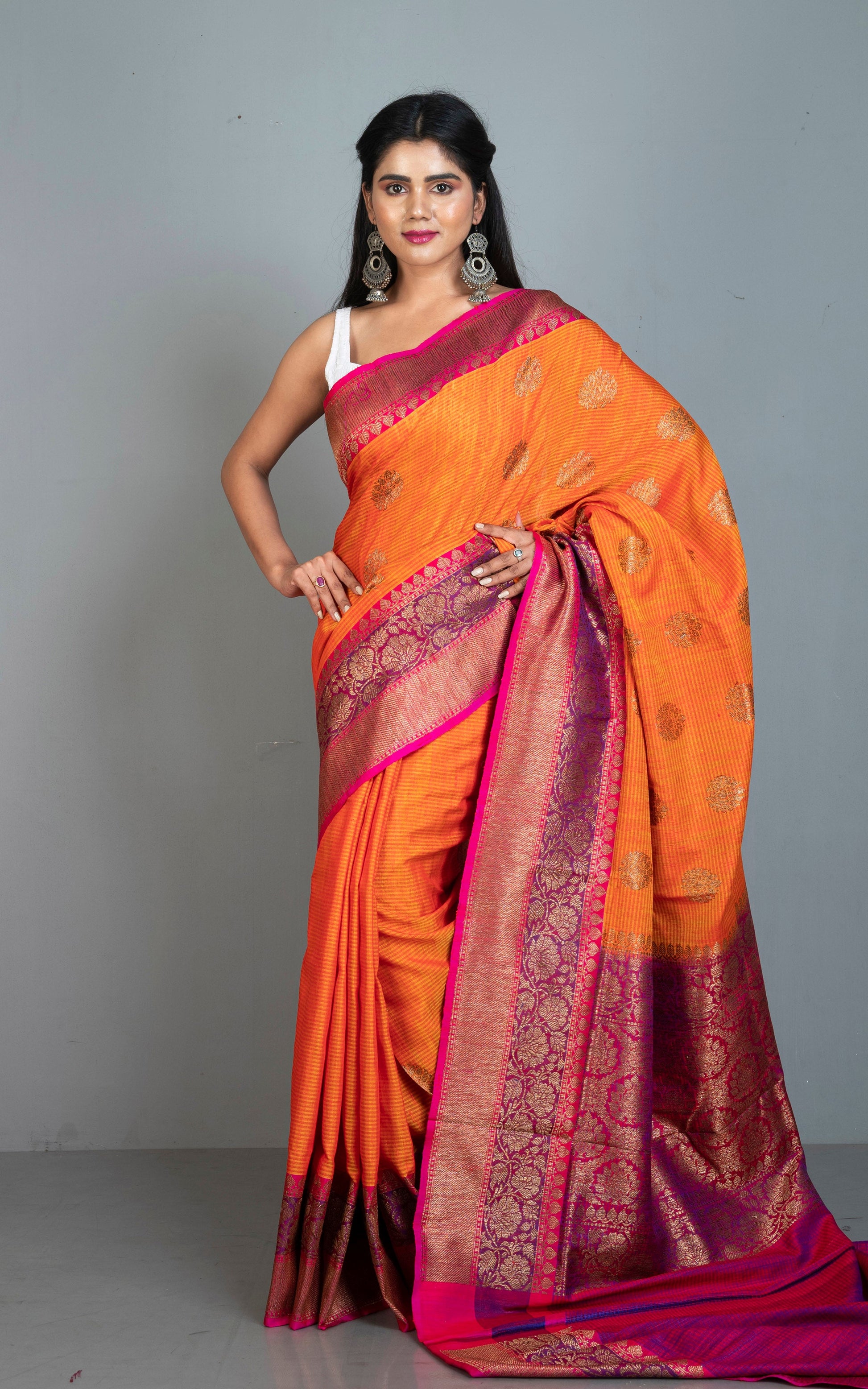 Minakari Border Dupion Tussar Banarasi Saree in Orange, Purple and Red