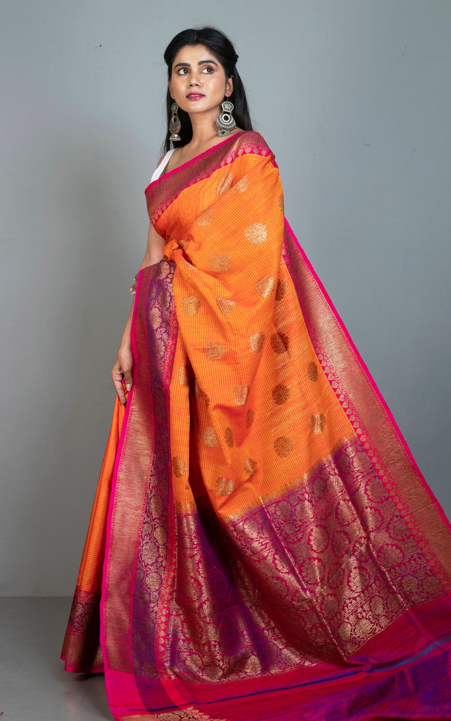 Minakari Border Dupion Tussar Banarasi Saree in Orange, Purple and Red