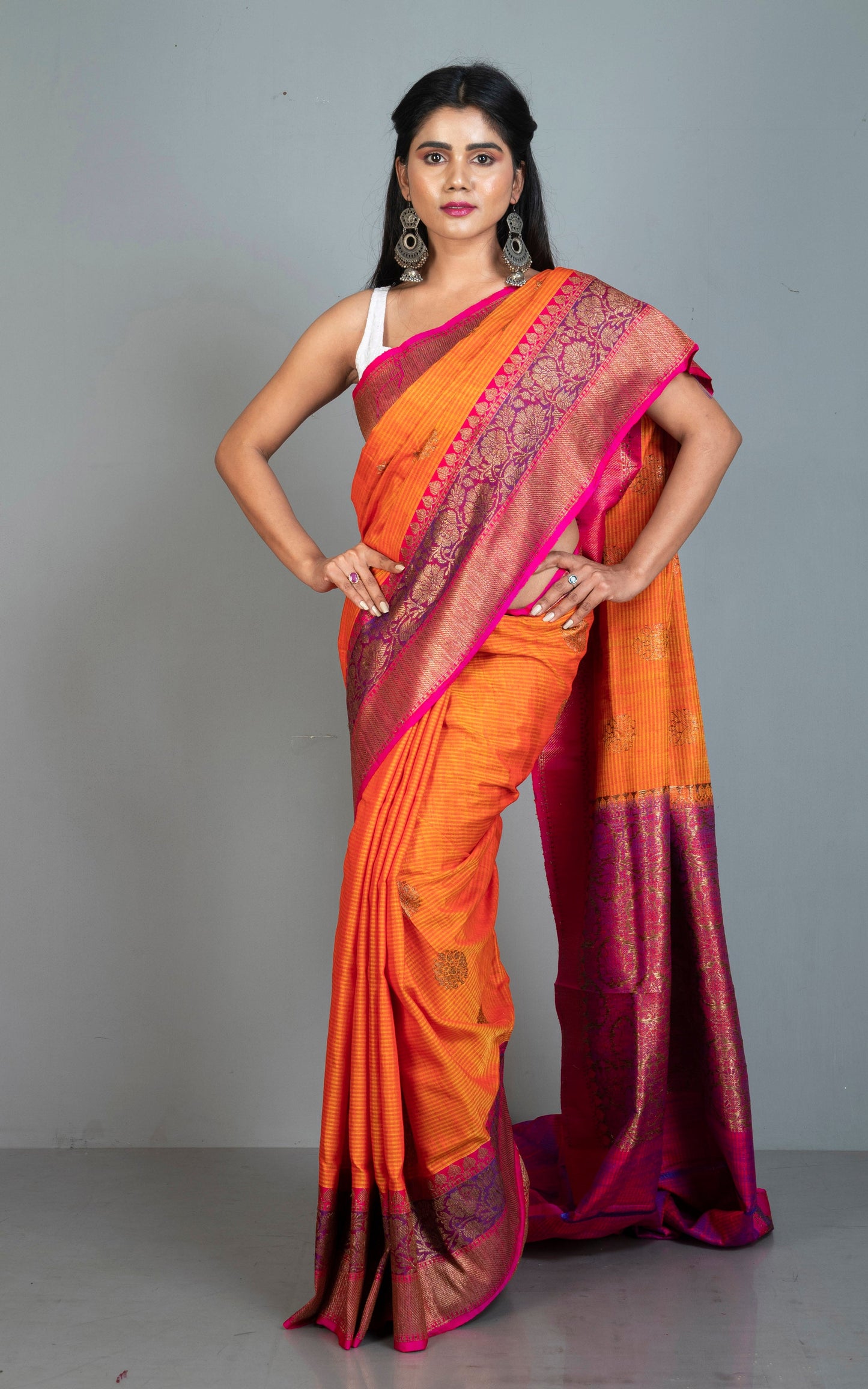 Minakari Border Dupion Tussar Banarasi Saree in Orange, Purple and Red