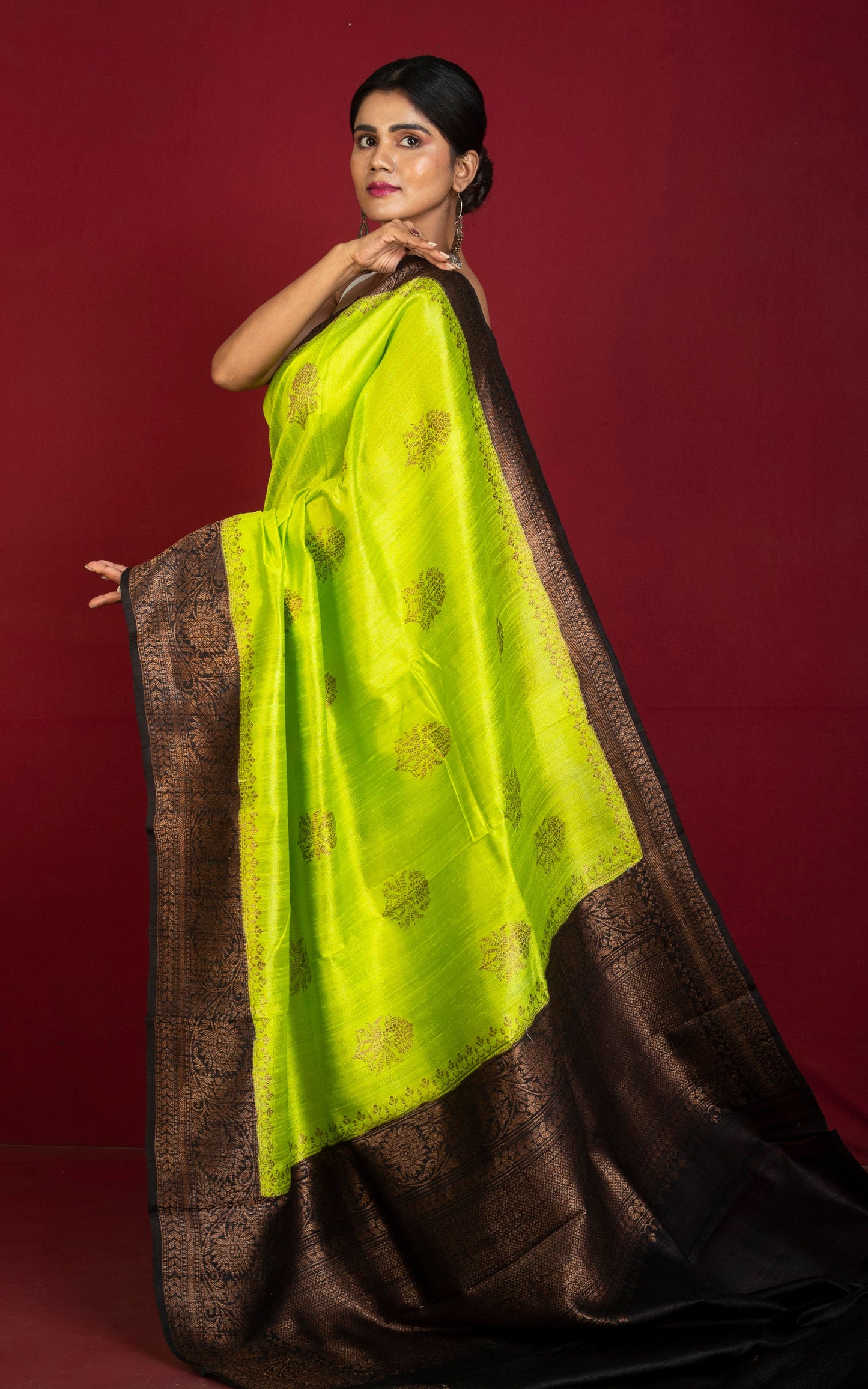 Handwoven Dupion Tussar Raw Silk Saree in Lime Green, Black and Antique Golden