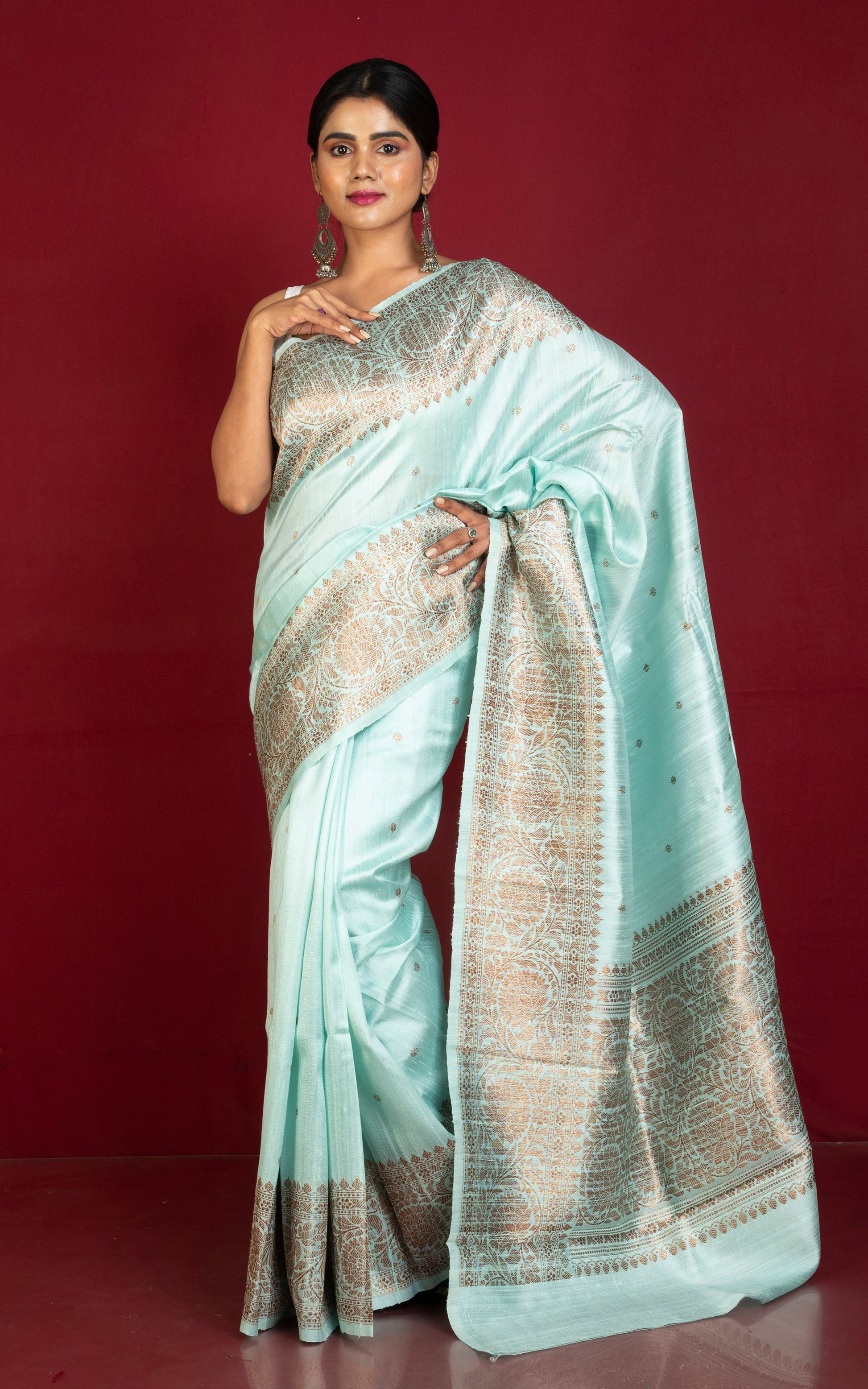 Handwoven Dupion Tussar Raw Silk Saree in Ice Blue and Antique Golden