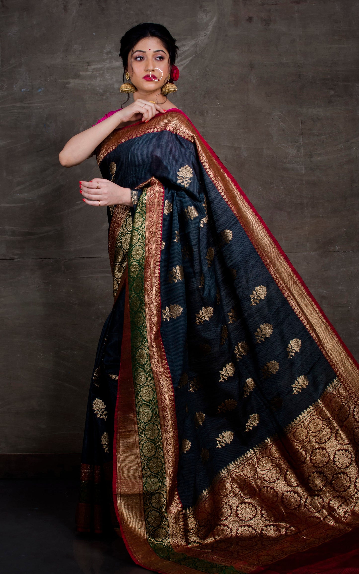 Meenakari Border Dupion Tussar Banarasi Saree in Black and Red