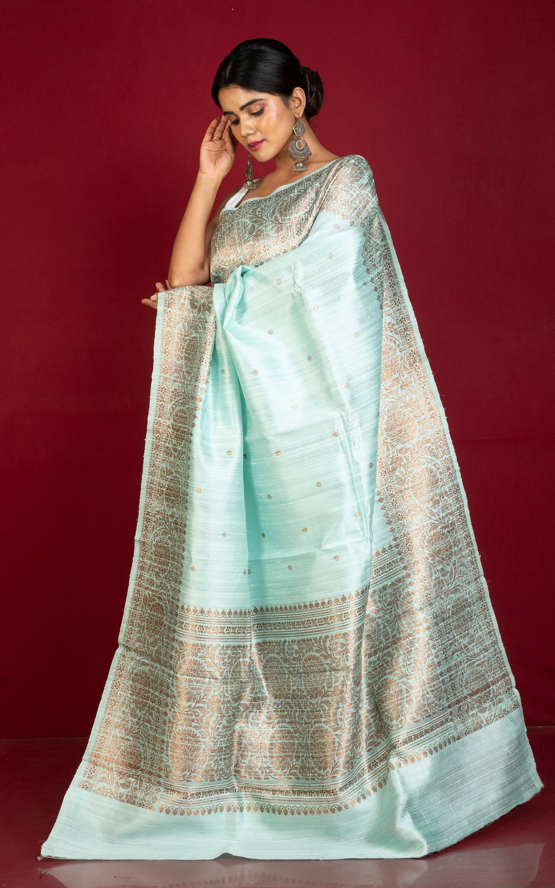 Handwoven Dupion Tussar Raw Silk Saree in Ice Blue and Antique Golden