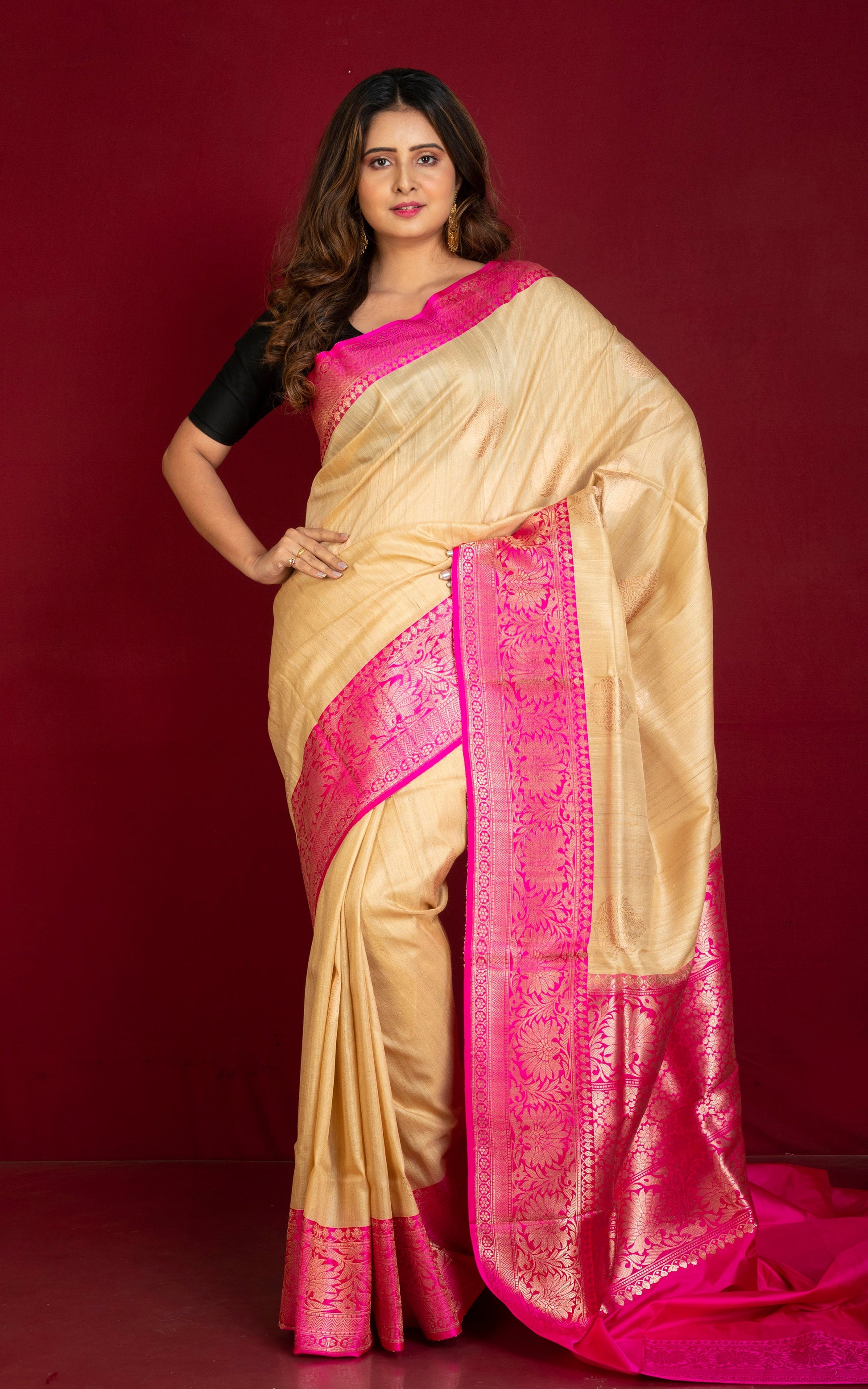 Premium Tussar Banarasi Silk Saree in Beige and Hot Pink