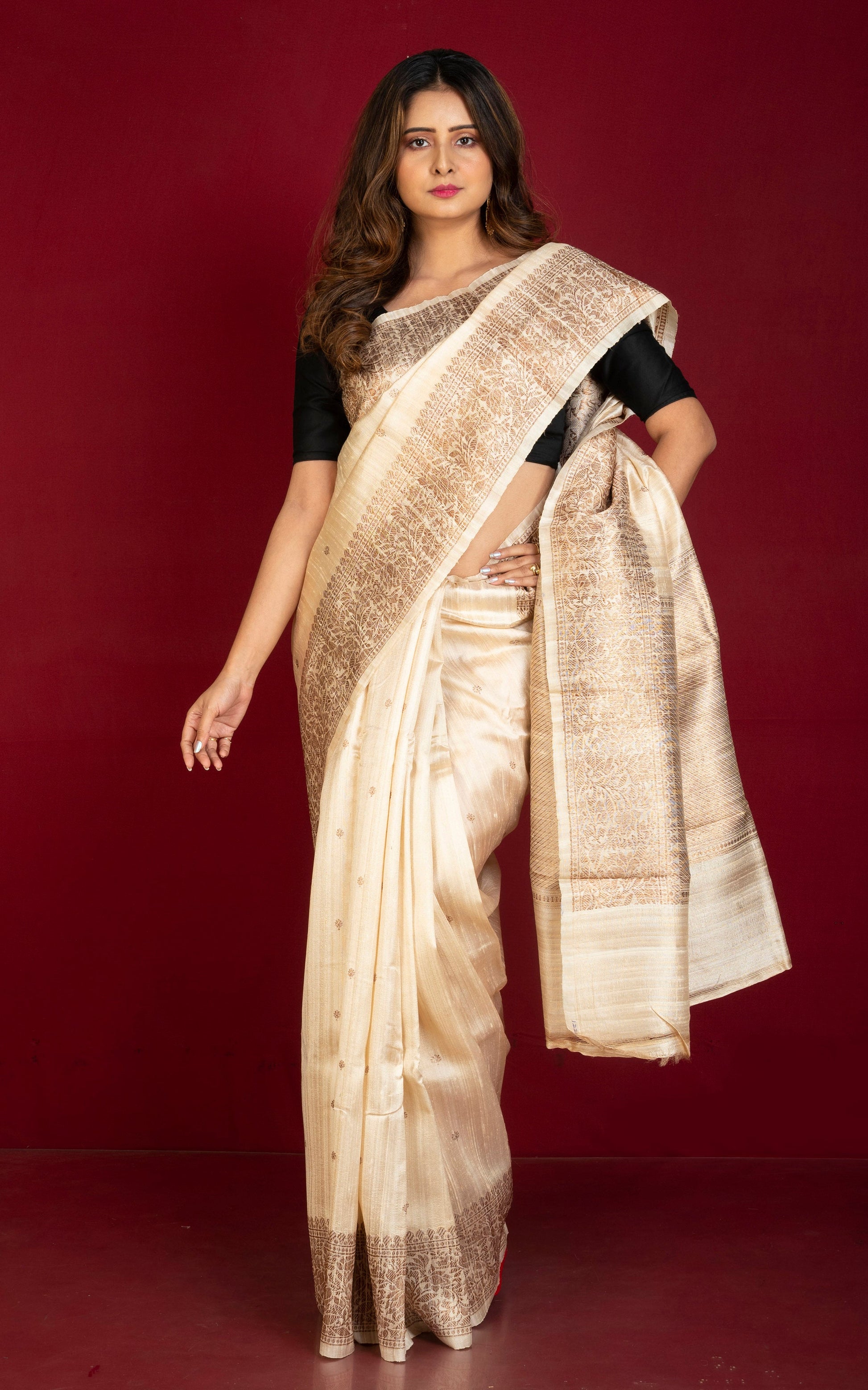 Handwoven Dupion Tussar Raw Silk Saree in Stone Beige and Antique Golden