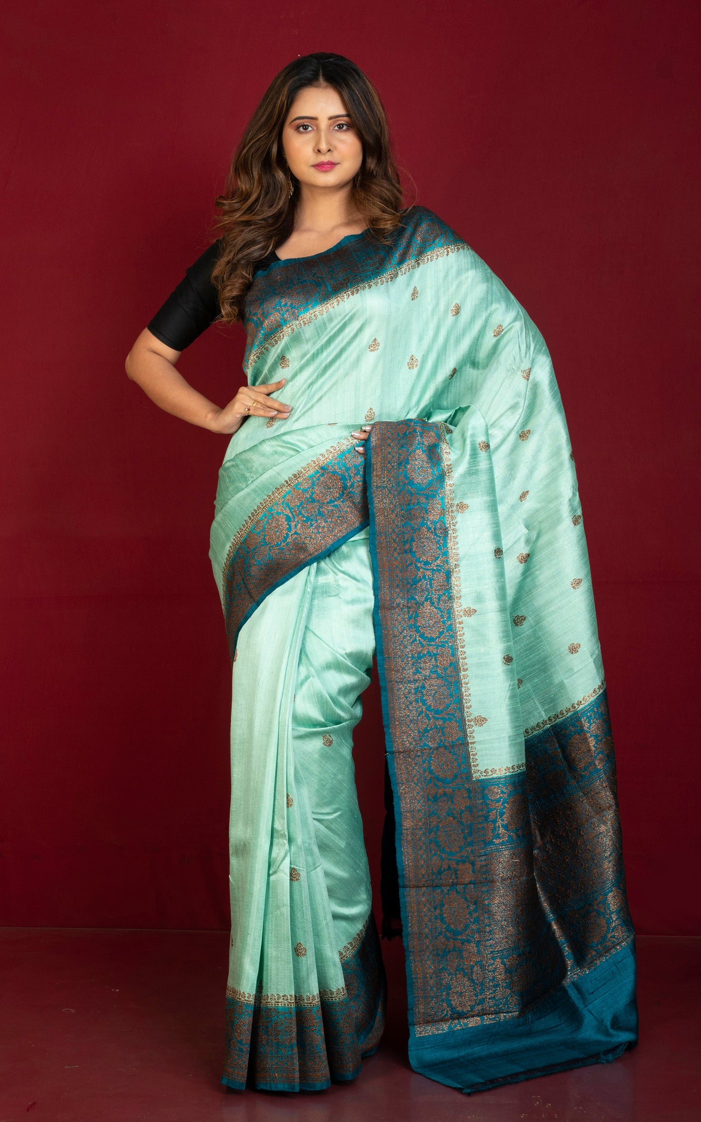 Handwoven Dupion Tussar Raw Silk Saree in Light Aqua Green, Dark Teal and Antique Golden