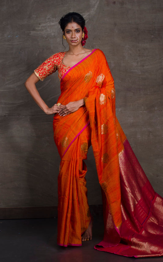 Tussar Banarasi Designer Poth Saree in Fire Orange and Hot Pink