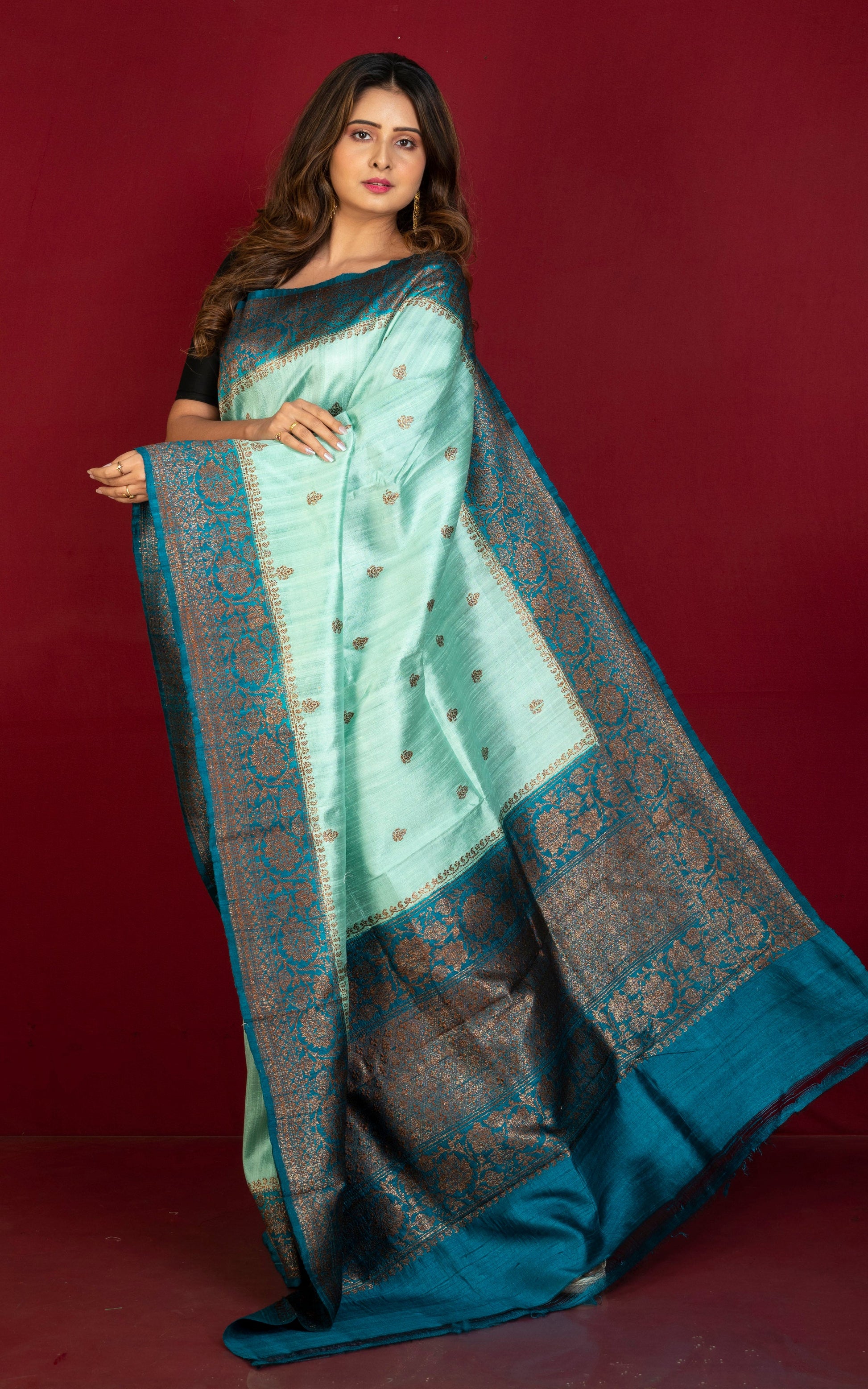 Handwoven Dupion Tussar Raw Silk Saree in Light Aqua Green, Dark Teal and Antique Golden