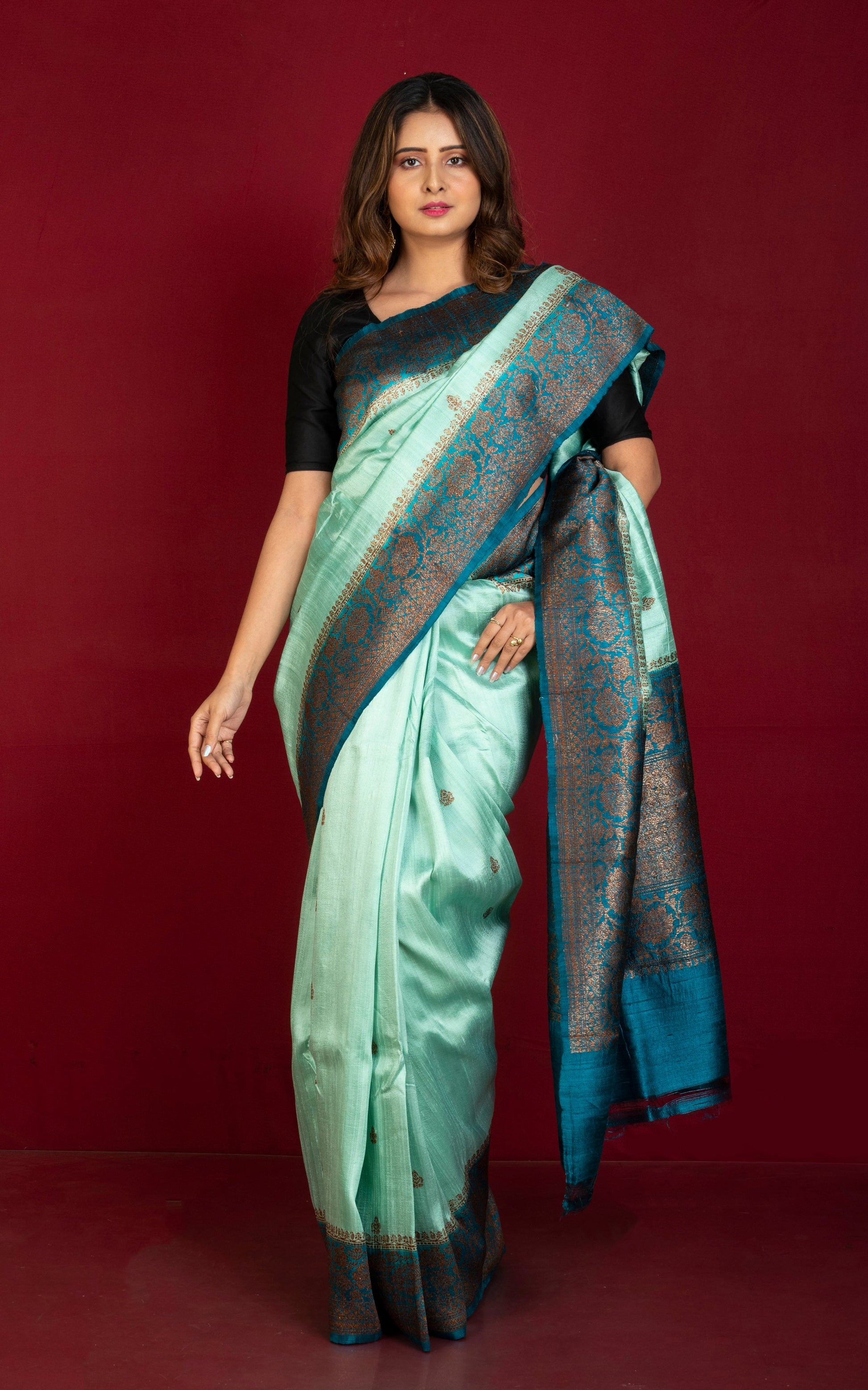 Handwoven Dupion Tussar Raw Silk Saree in Light Aqua Green, Dark Teal and Antique Golden