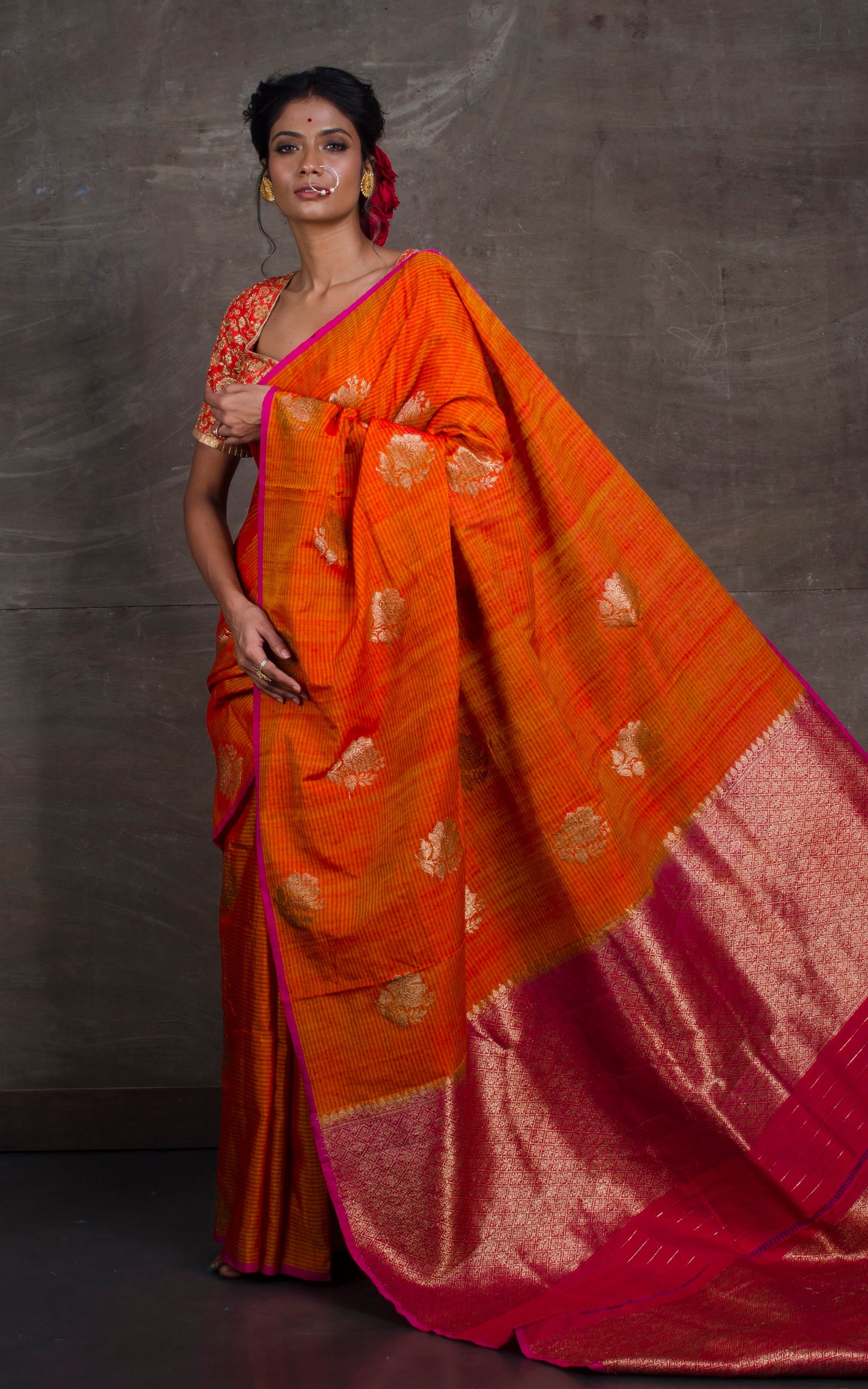 Tussar Banarasi Designer Poth Saree in Fire Orange and Hot Pink