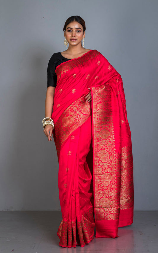 Handwoven Dupion Tussar Raw Silk Saree in Bright Red and Antique Golden