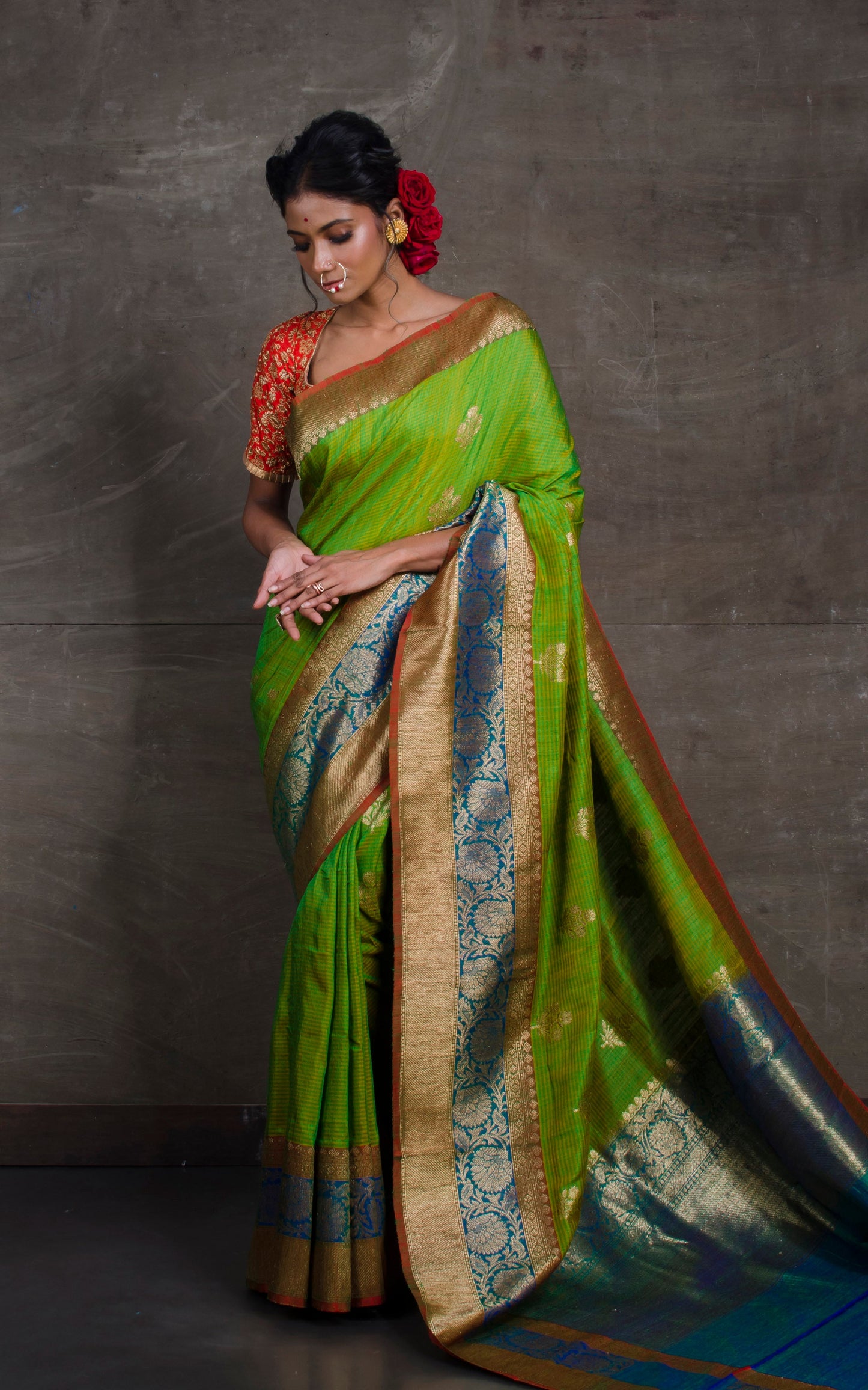 Meenakari Border Dupion Tussar Banarasi Saree in Green and Blue