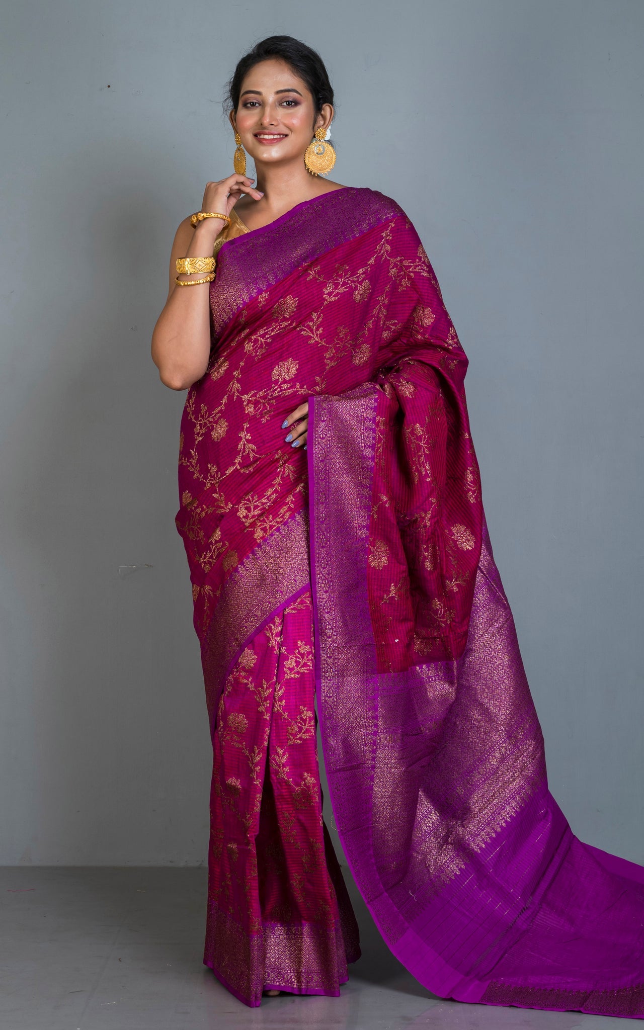 Premium Quality Tussar Silk Brocade Jamdani Saree in Magenta, Purple and Antique Golden