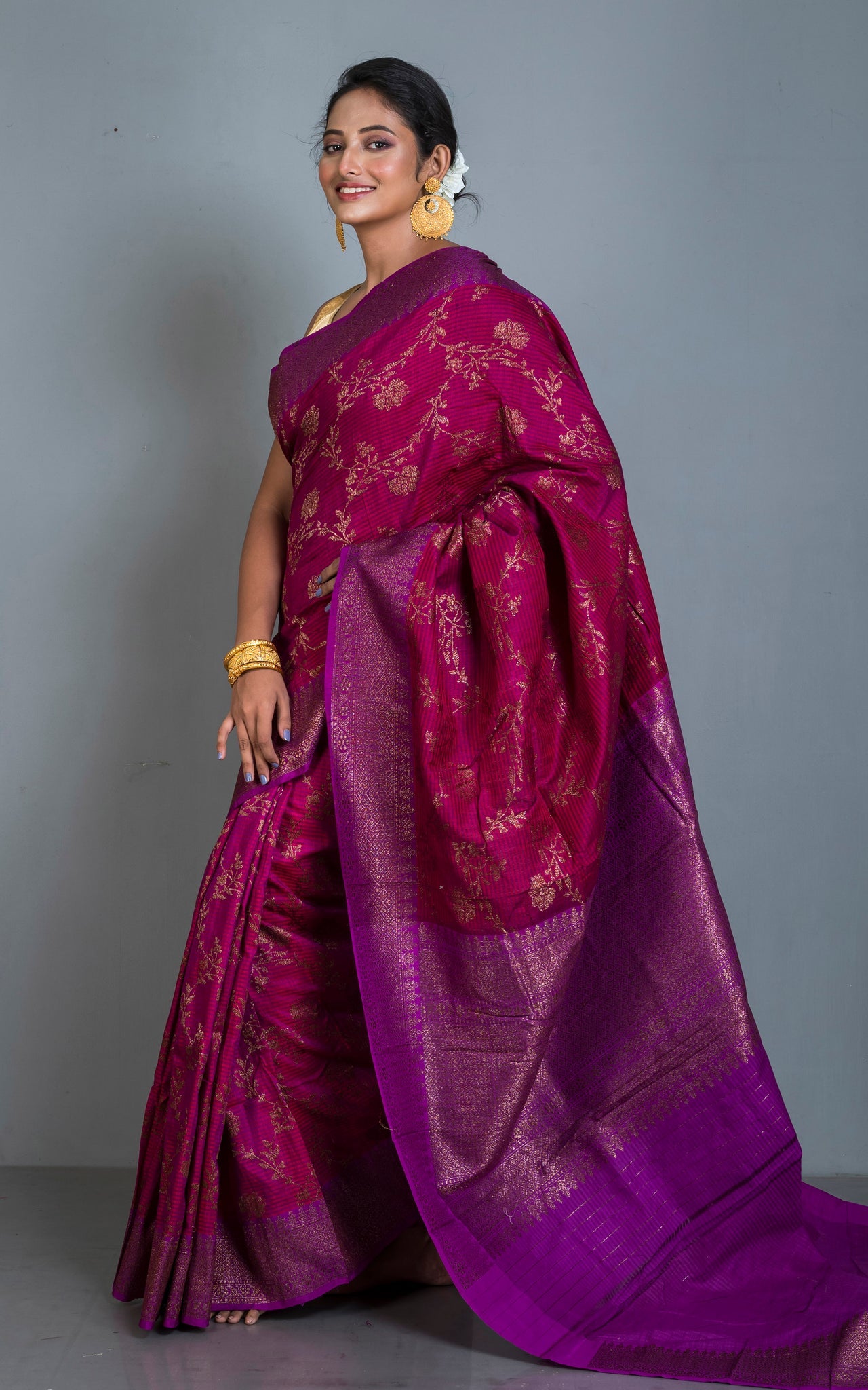 Premium Quality Tussar Silk Brocade Jamdani Saree in Magenta, Purple and Antique Golden