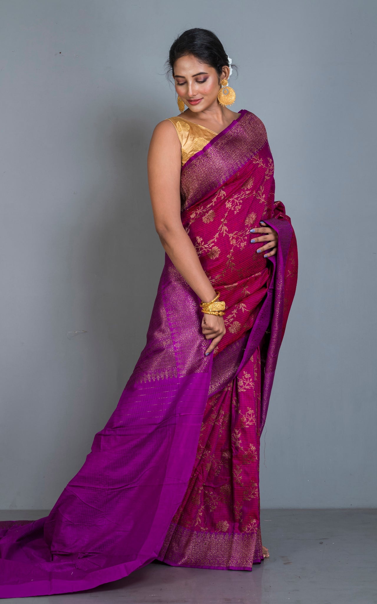 Premium Quality Tussar Silk Brocade Jamdani Saree in Magenta, Purple and Antique Golden