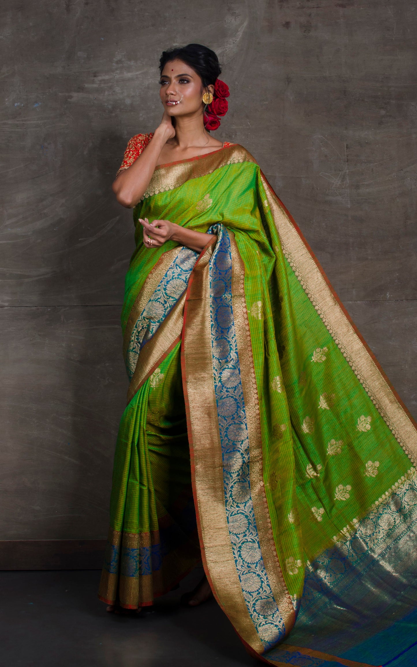 Meenakari Border Dupion Tussar Banarasi Saree in Green and Blue