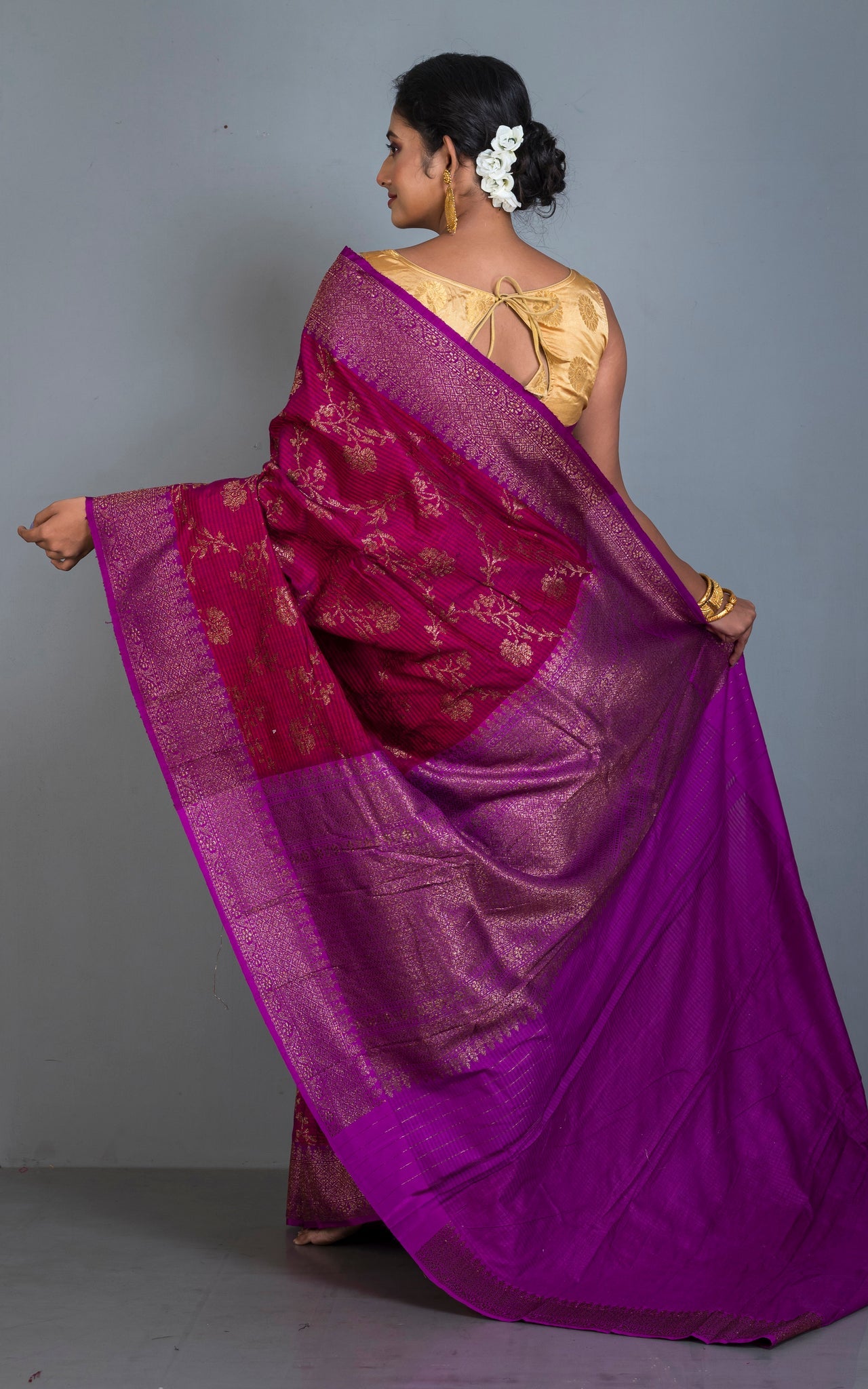 Premium Quality Tussar Silk Brocade Jamdani Saree in Magenta, Purple and Antique Golden