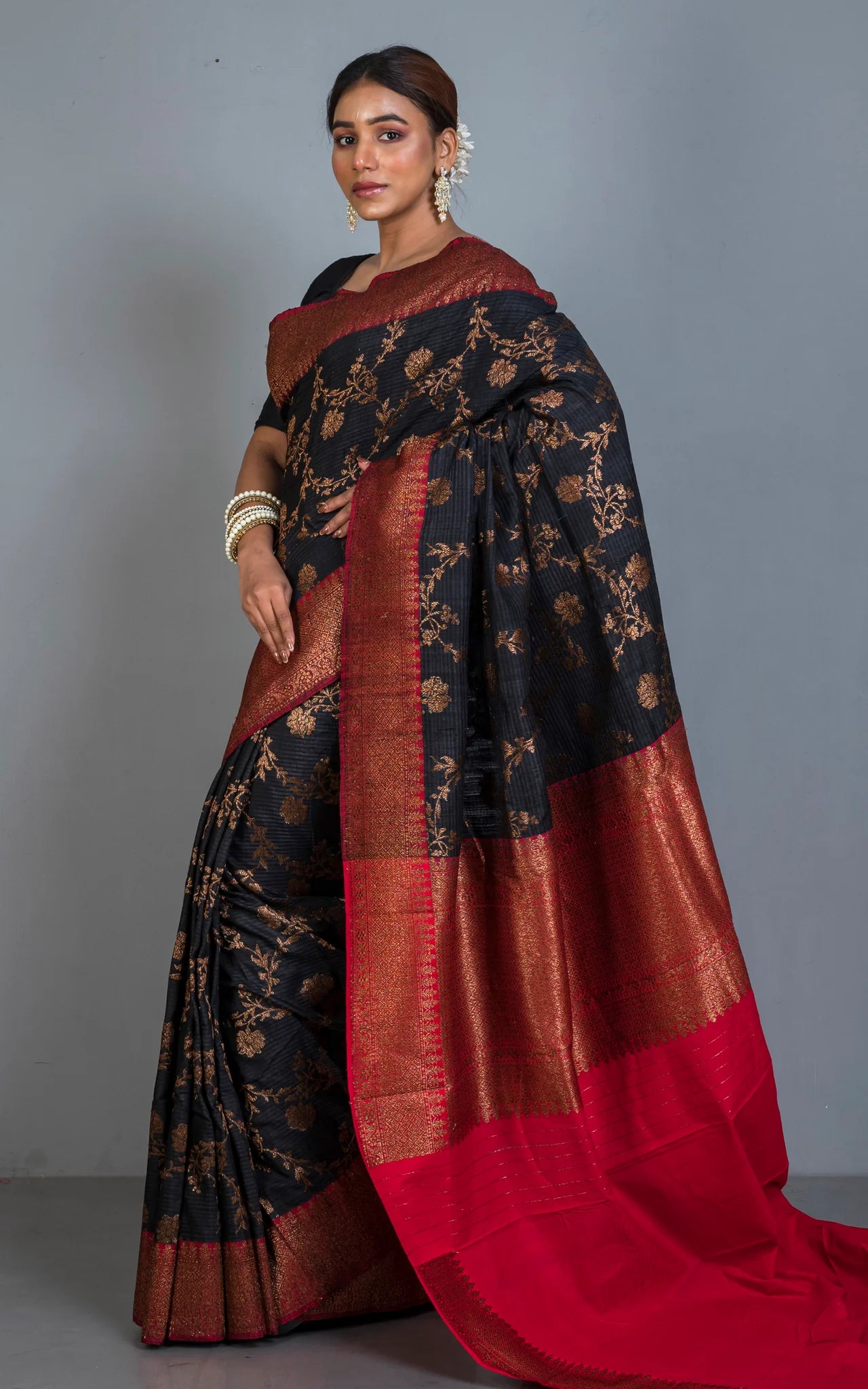 Premium Quality Tussar Silk Brocade Jamdani Saree in Black, Dark Red and Antique Golden