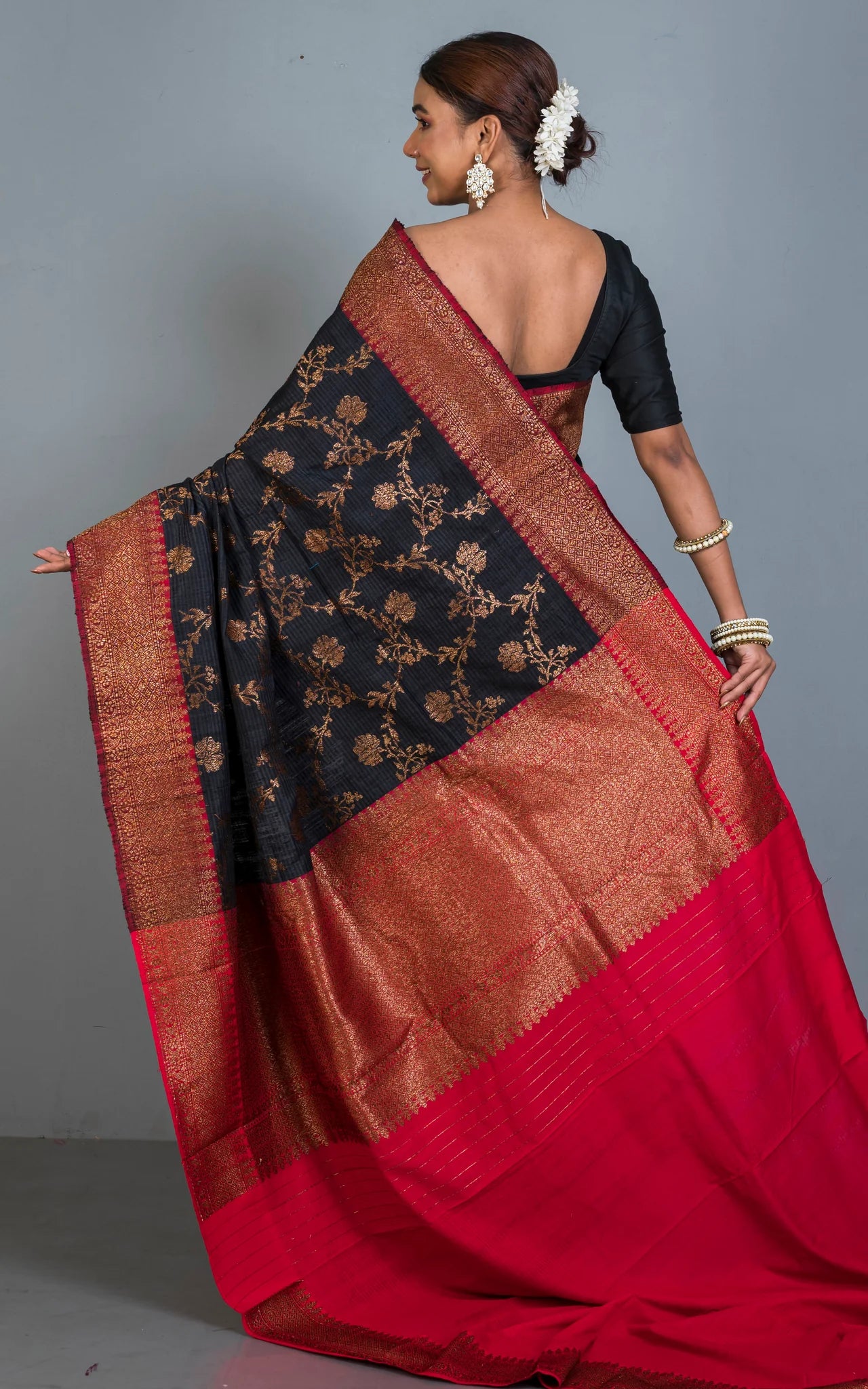 Premium Quality Tussar Silk Brocade Jamdani Saree in Black, Dark Red and Antique Golden