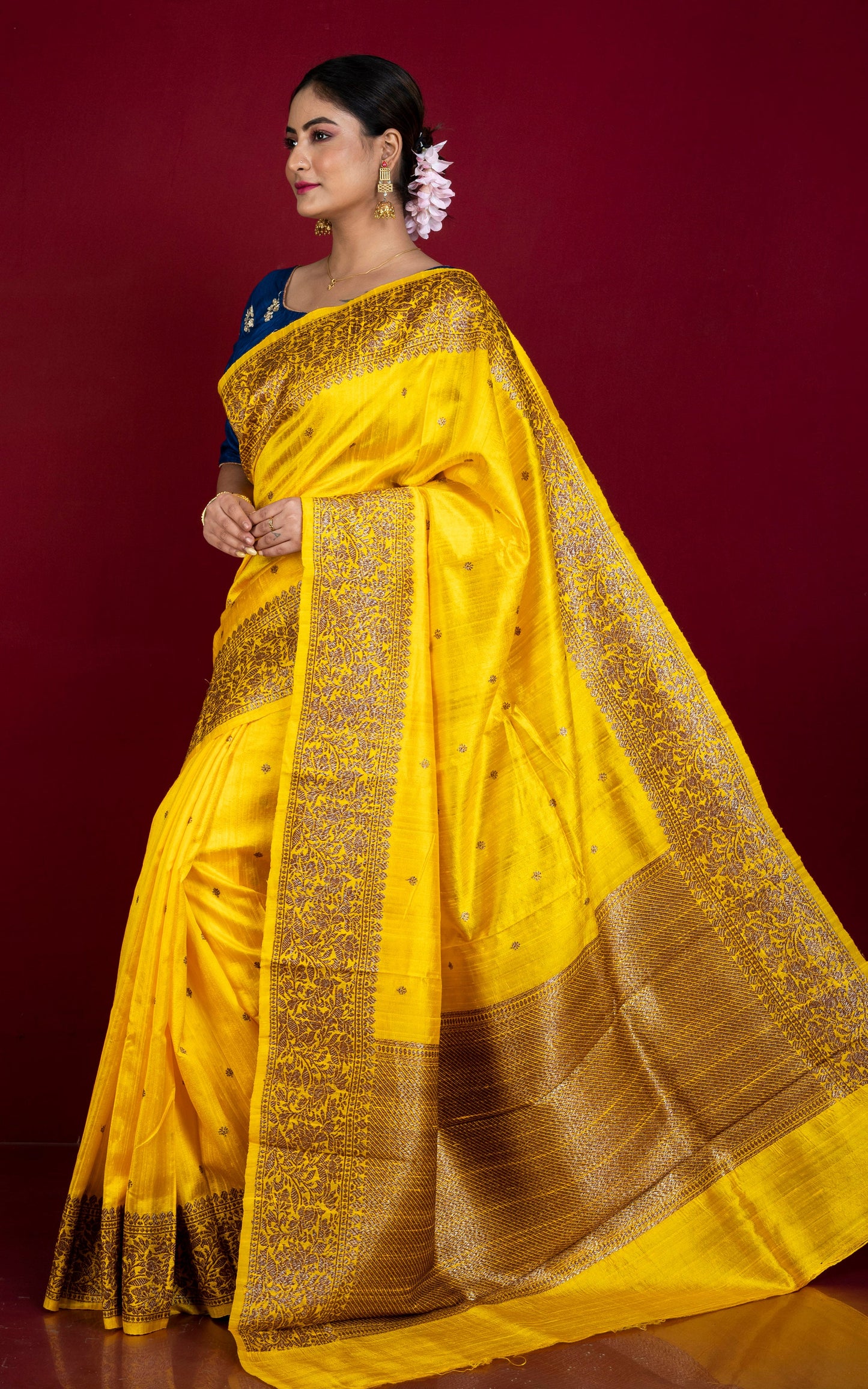 Handwoven Dupion Tussar Raw Silk Saree in Golden Yellow and Antique Golden