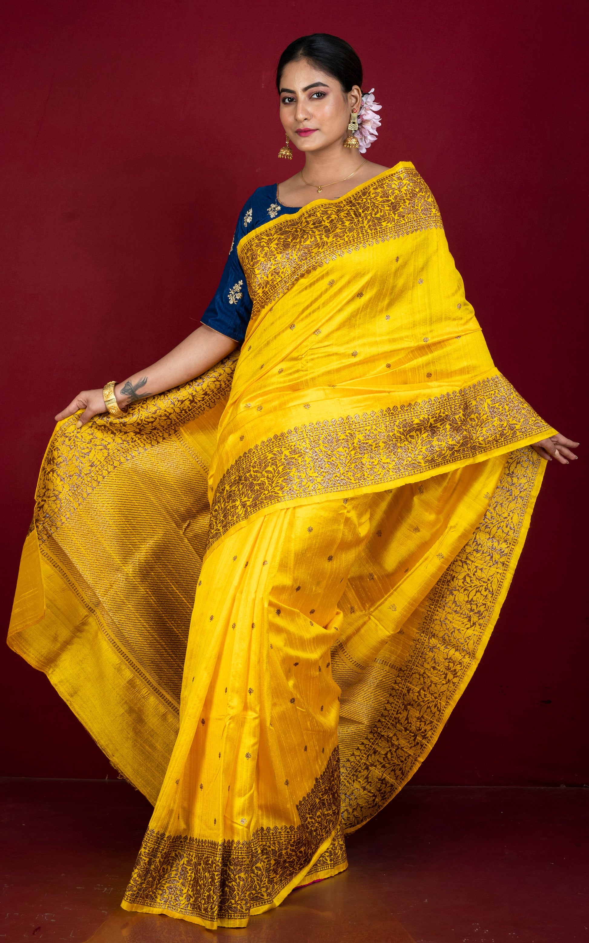 Handwoven Dupion Tussar Raw Silk Saree in Golden Yellow and Antique Golden