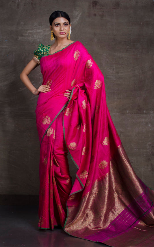 Tussar Banarasi Designer Poth Saree in Hot Pink and Basil Green