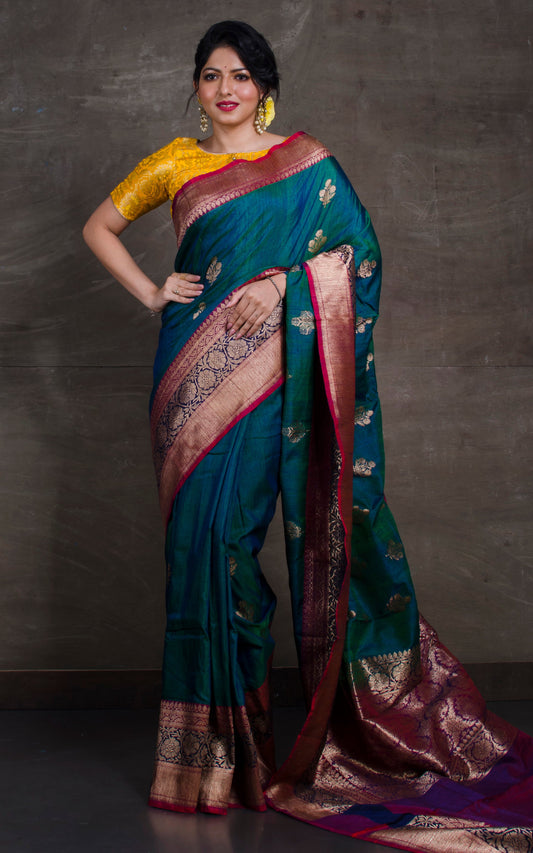 Meenakari Border Dupion Tussar Banarasi Saree in Peacock Green, Dark Blue and Red